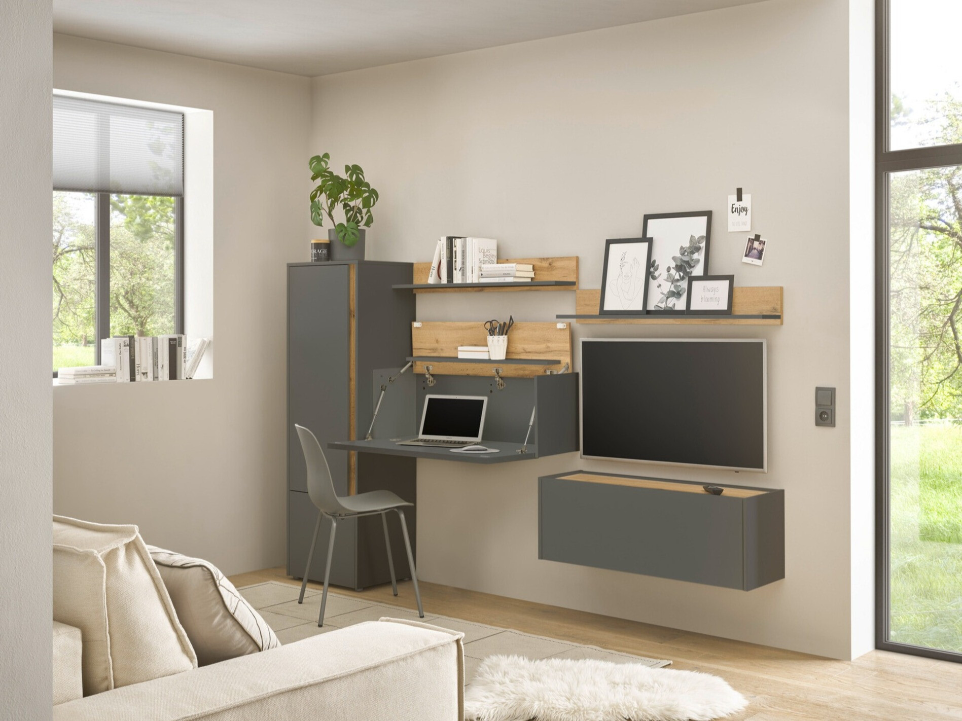 Wohnzimmer-Set Elbsori 138 (Anthrazit + Wotan-Eiche)