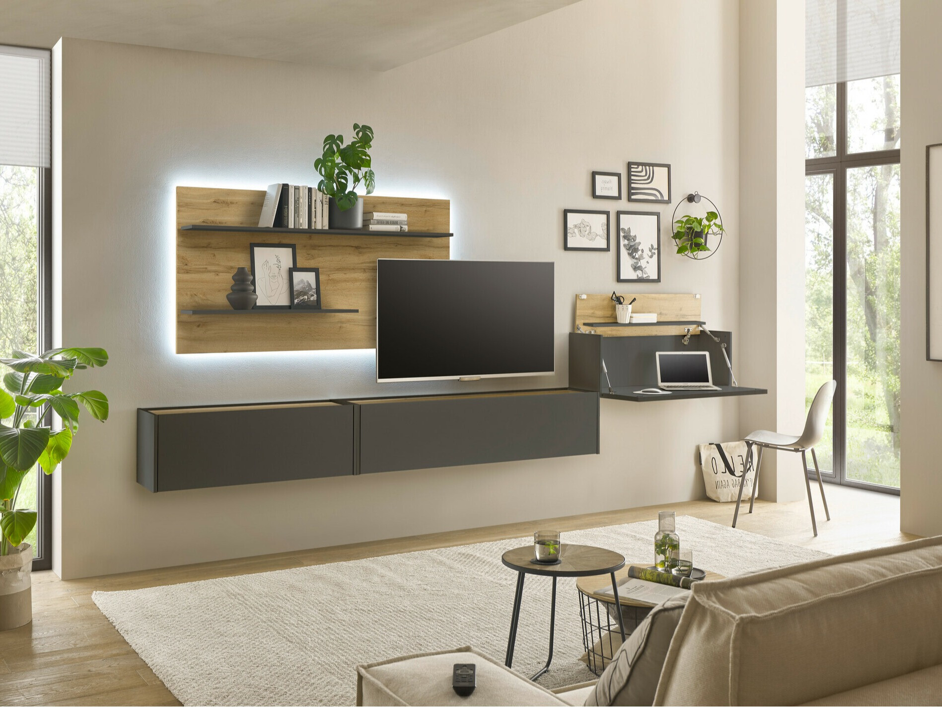 Wohnzimmer-Sets Elbsori 137 (Anthrazit + Wotan Eiche)