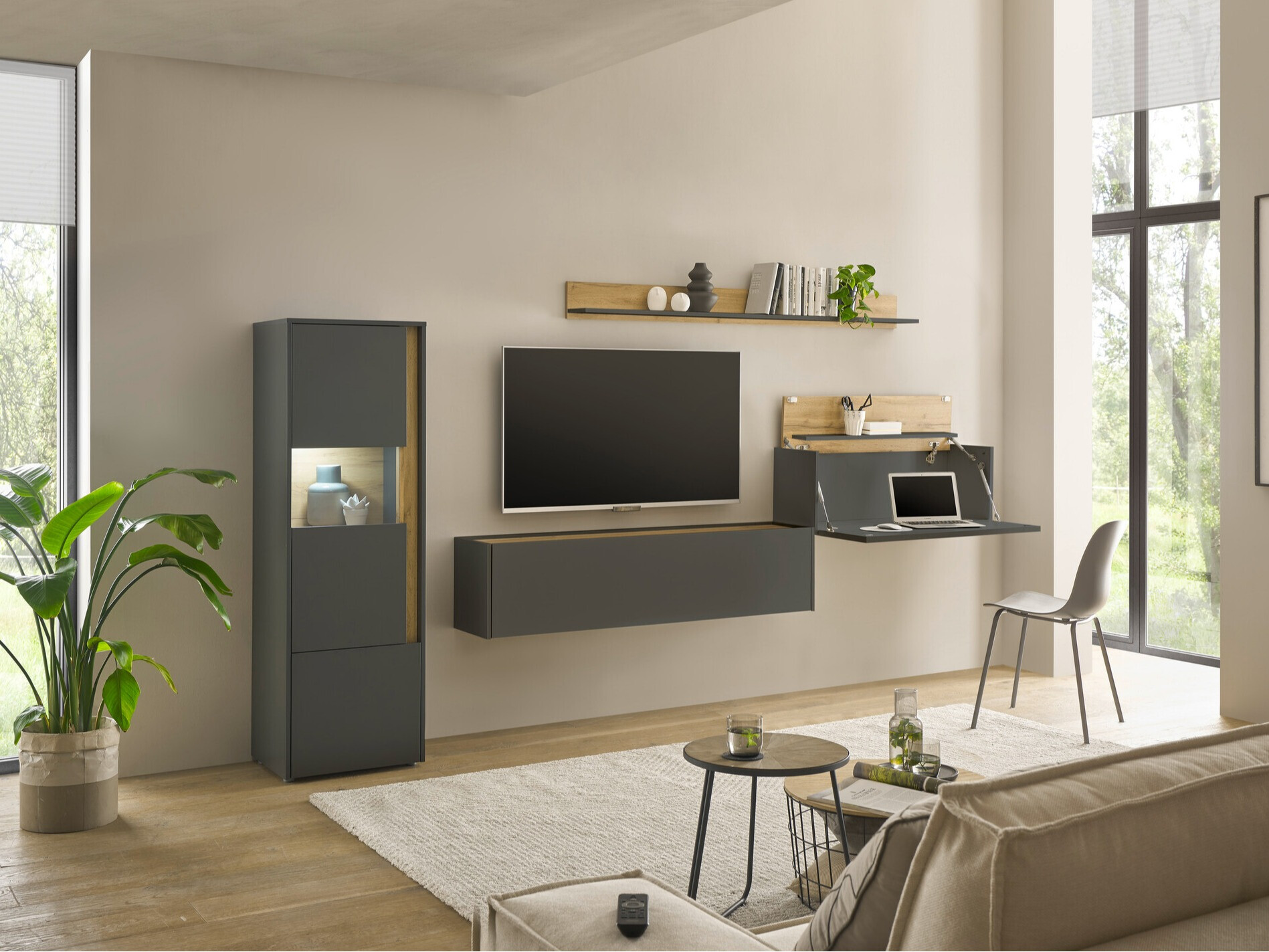 Wohnzimmer-Set Elbsori 141 (Anthrazit + Wotan-Eiche)