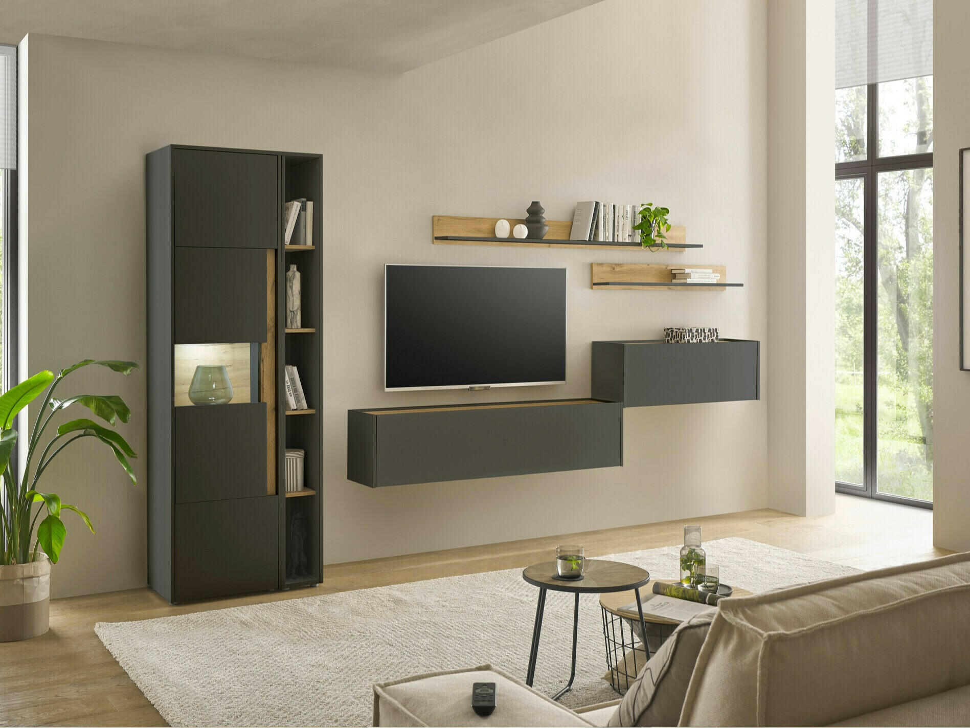 Wohnzimmer-Sets Elbsori 140 (Anthrazit + Wotan Eiche)