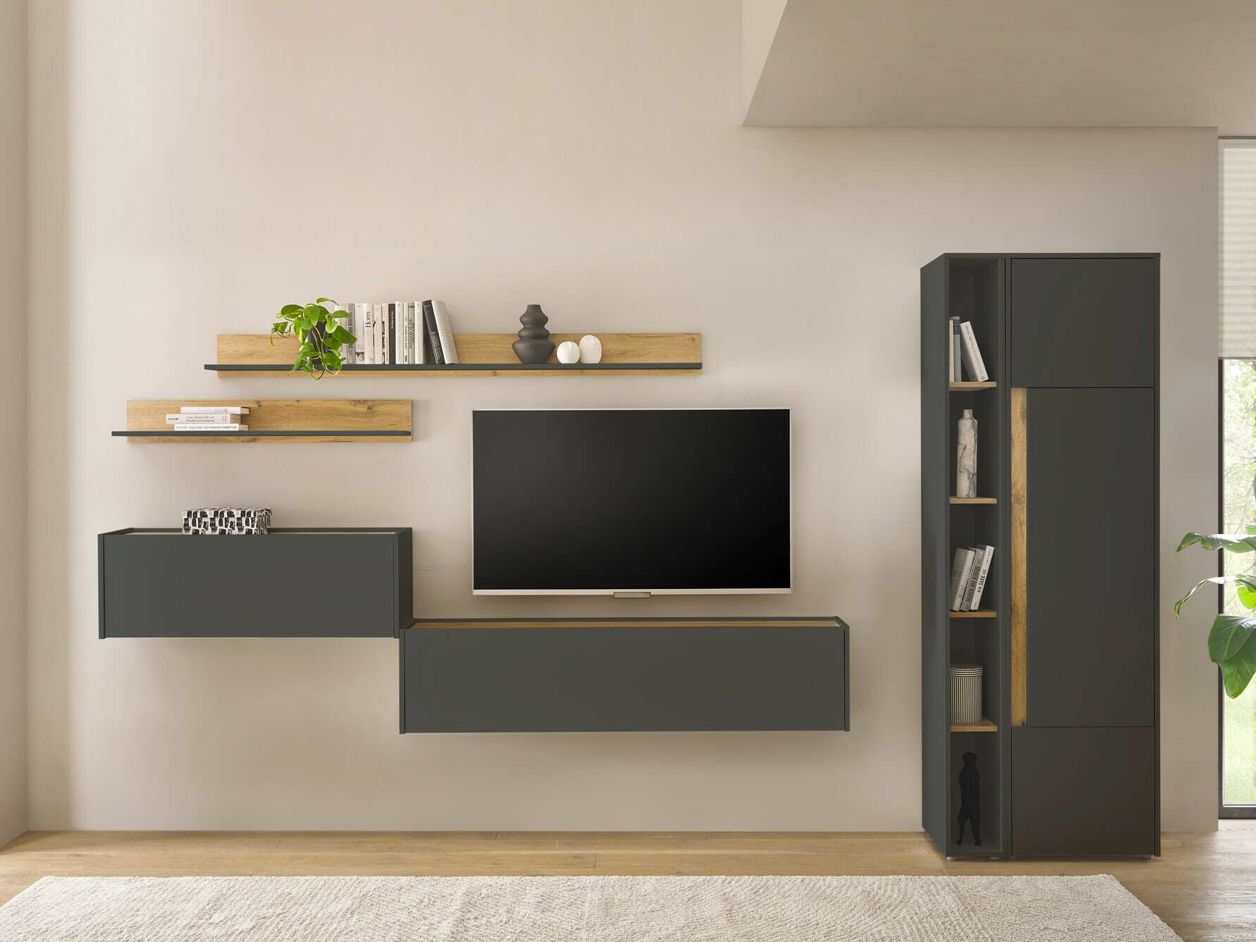 Wohnzimmer-Set Elbsori 145 (Anthrazit + Wotan-Eiche)