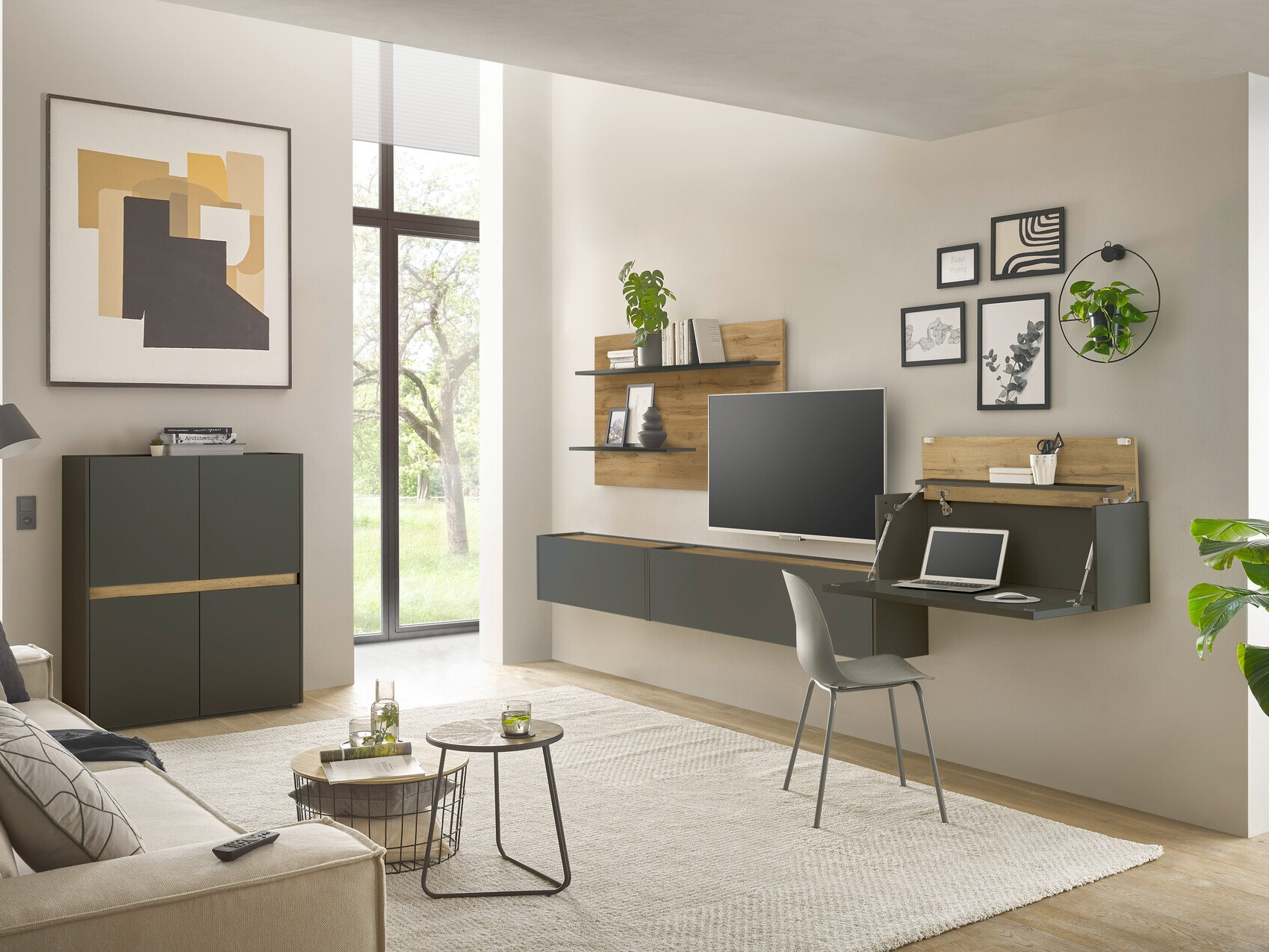 Wohnzimmer-Set Elbsori 147 (Anthrazit + Wotan-Eiche)