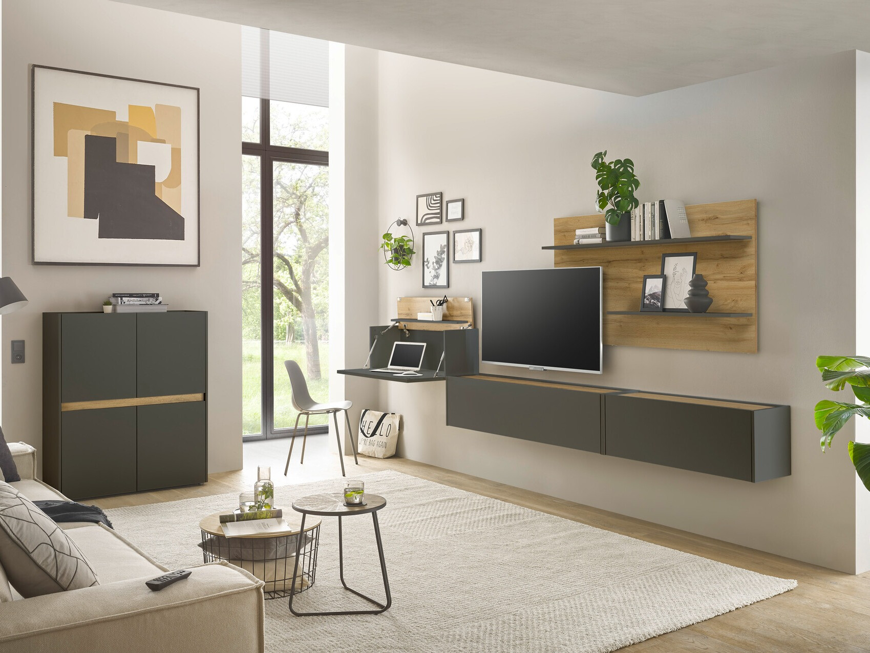 Wohnzimmer-Set Elbsori 147 (Anthrazit + Wotan-Eiche)