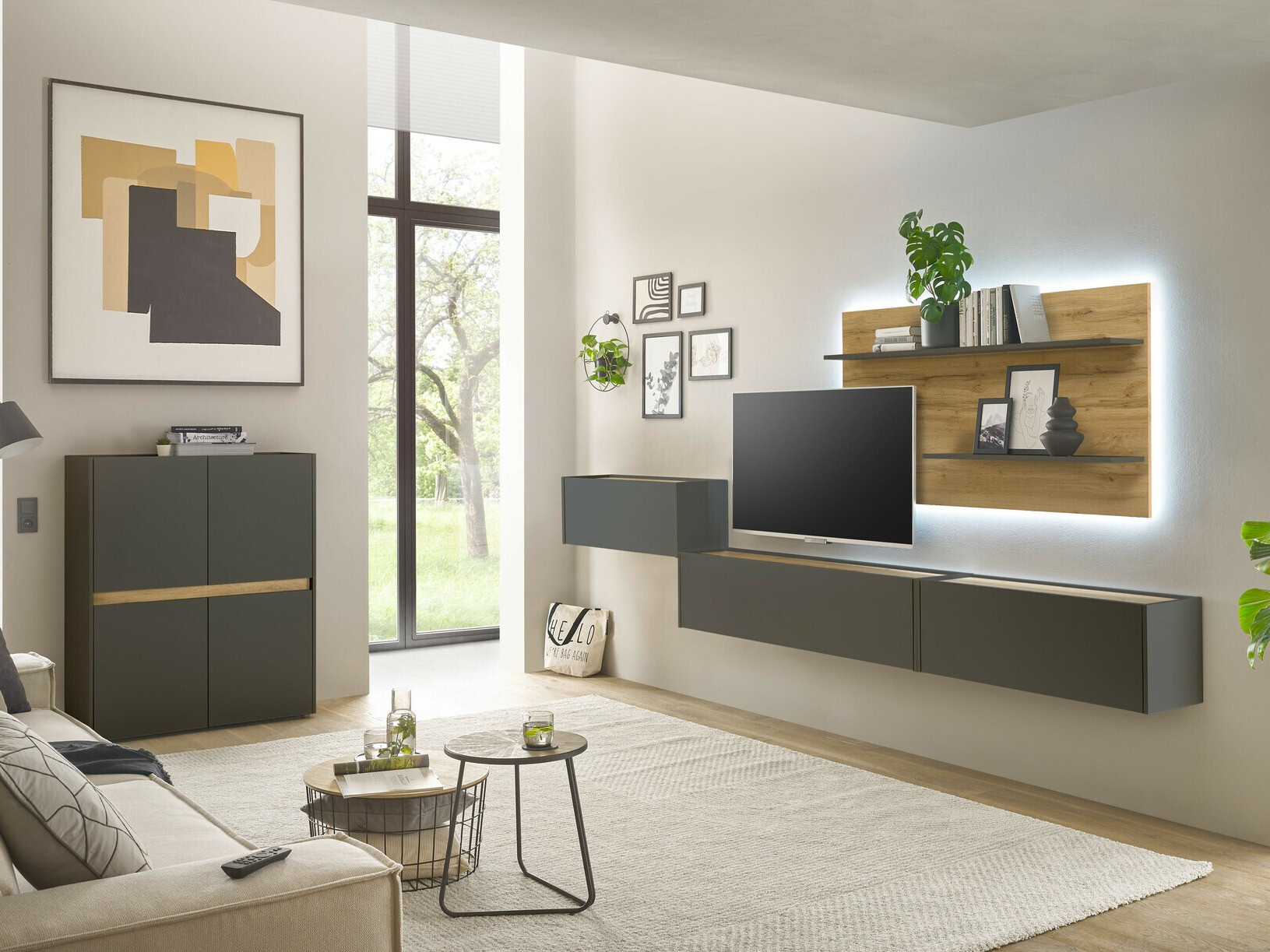 Wohnzimmer-Sets Elbsori 147 (Anthrazit + Wotan Eiche)