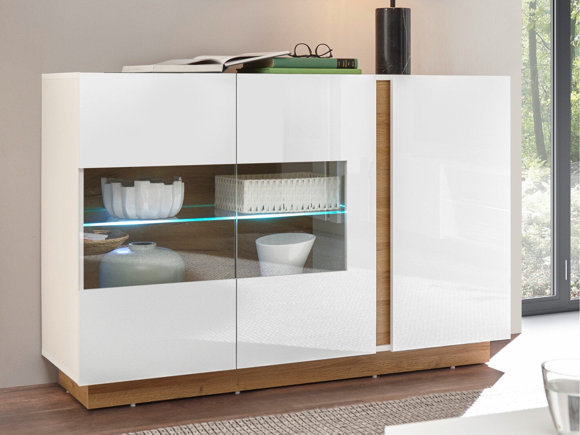 Sideboard Veropho 104 (Weiss glänzend + Grandson Eichenholzoptik)