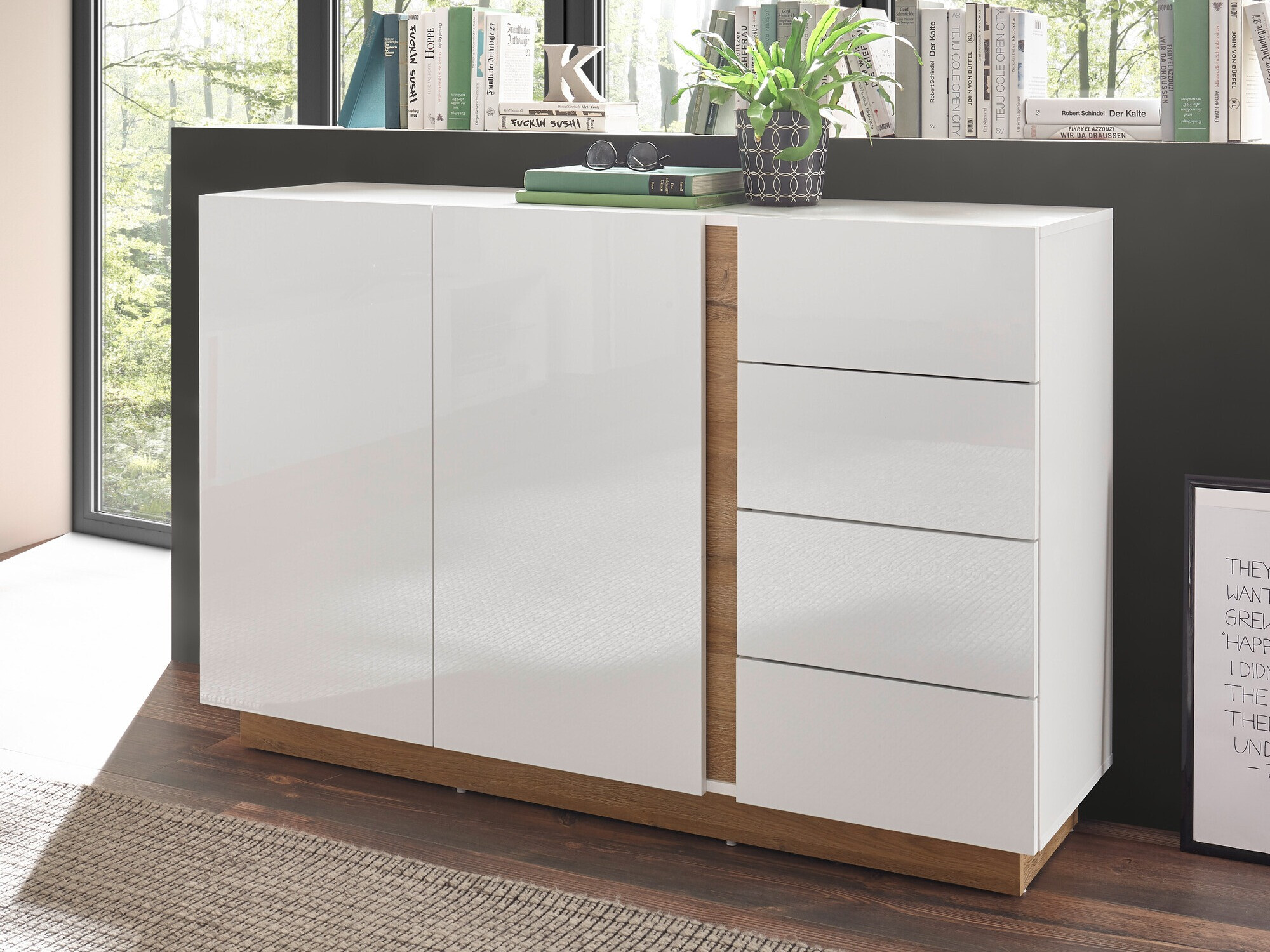 Kommoden Veropho 107 (Weiss glänzend + Grandson Eichenholzoptik)