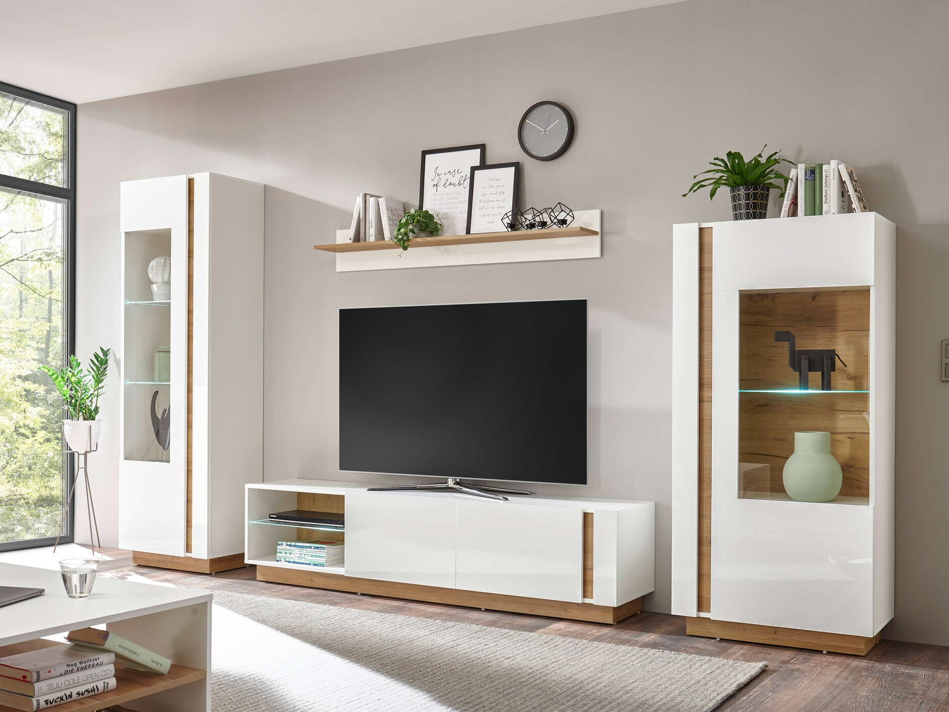 Wohnzimmer-Sets Veropho 112 (Weiss glänzend + Grandson Eichenholzoptik)