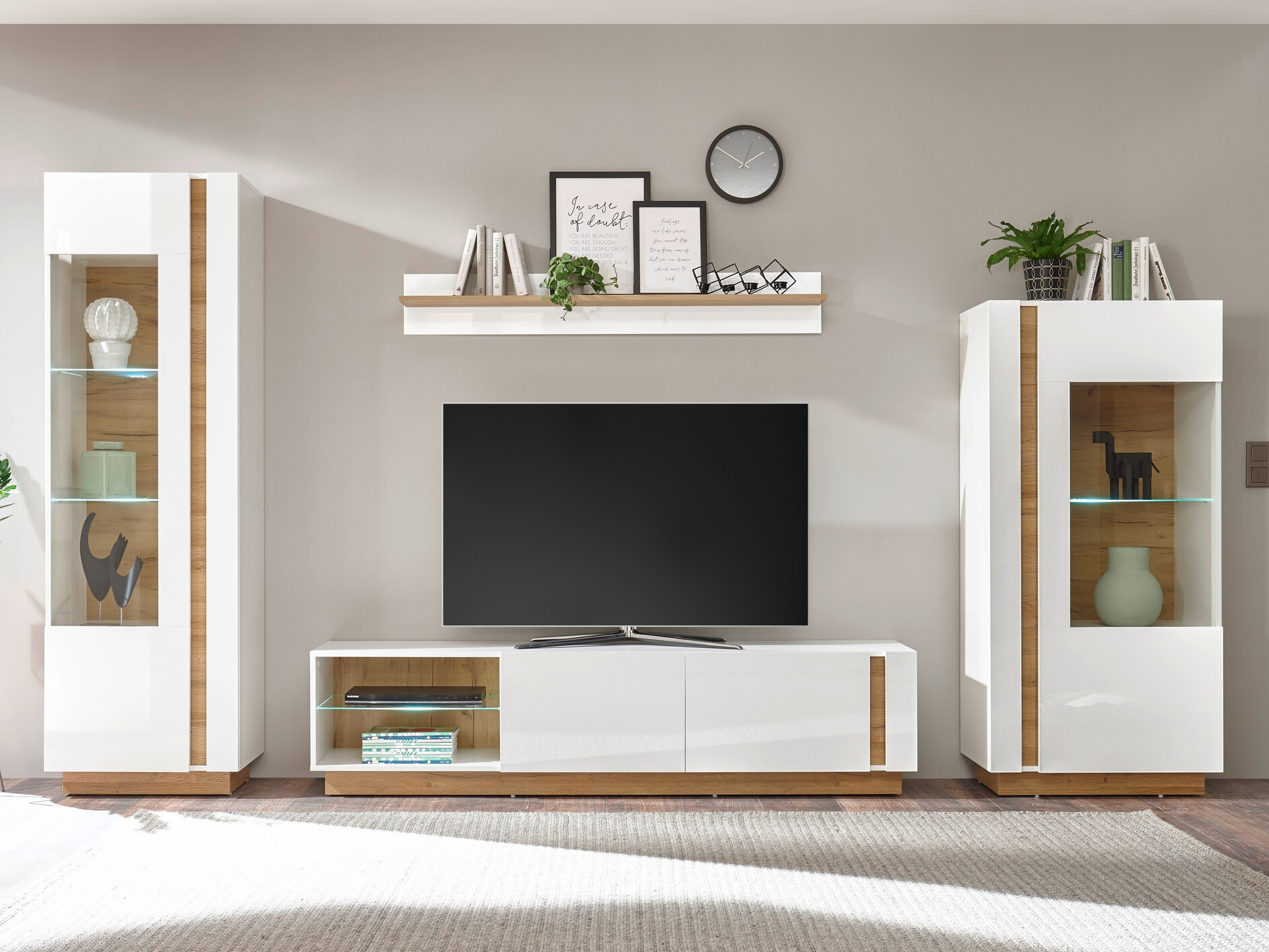 Wohnzimmer-Sets Veropho 112 (Weiss glänzend + Grandson Eichenholzoptik)