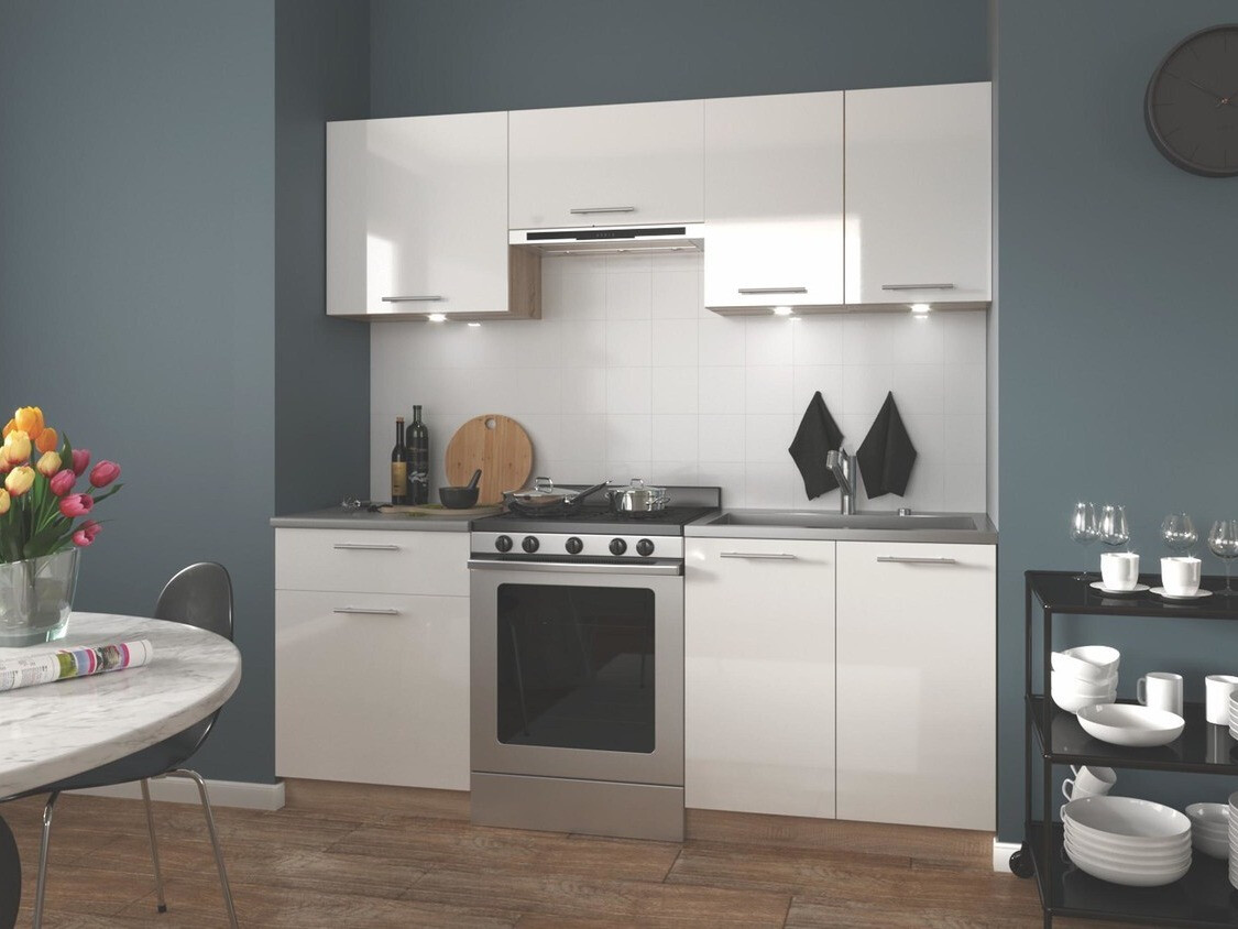 Küchenzeile Houston 857 (Weiss glänzend + Sonoma eichenholz)