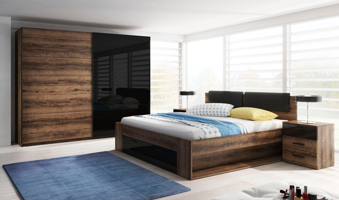 Bett Levruvu 106 (Monastery Eichenholzoptik + Schwarz glänzend)