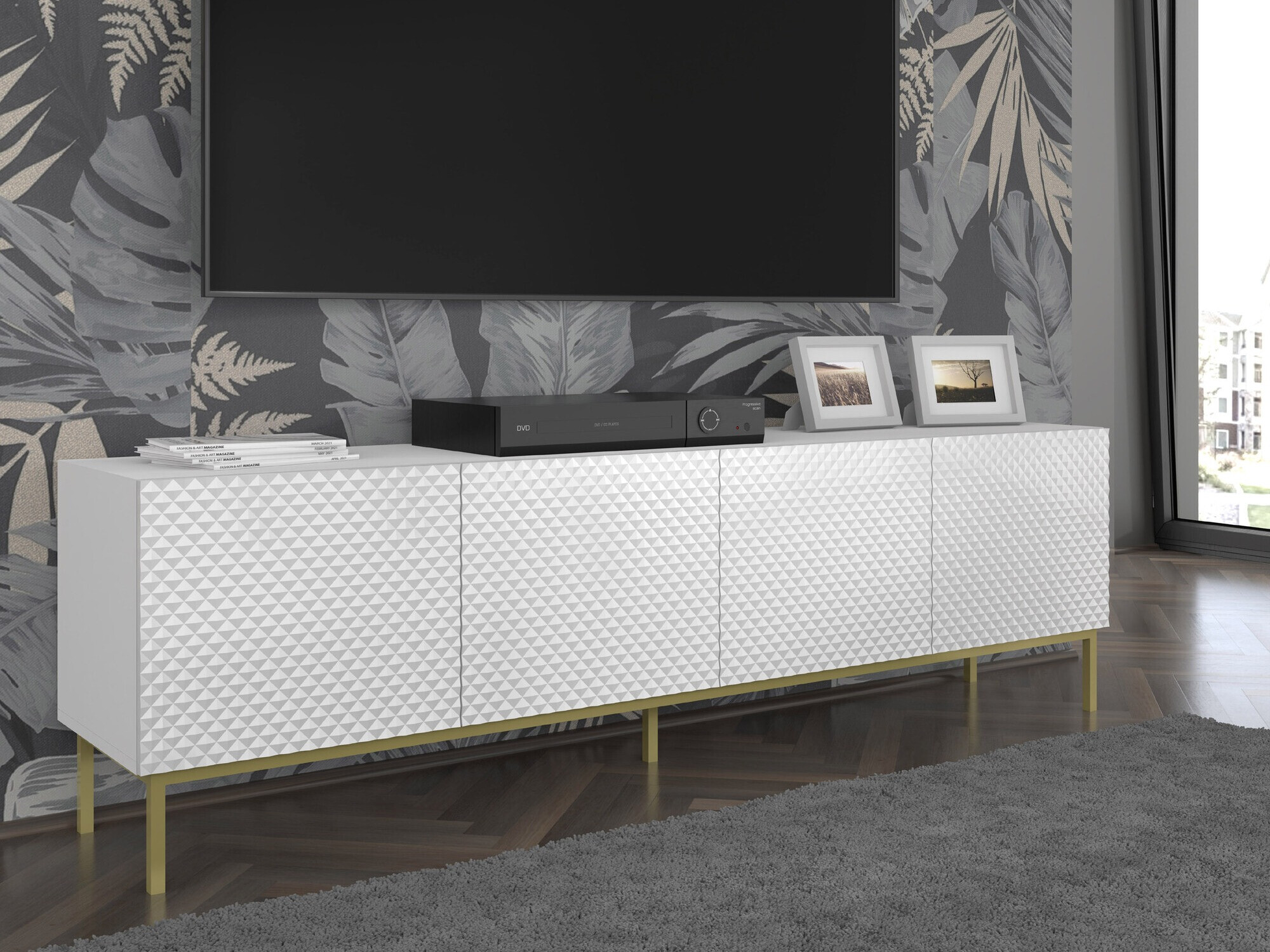 TV-Möbel Odelomu 100 (Weiss + Weiss glänzend)