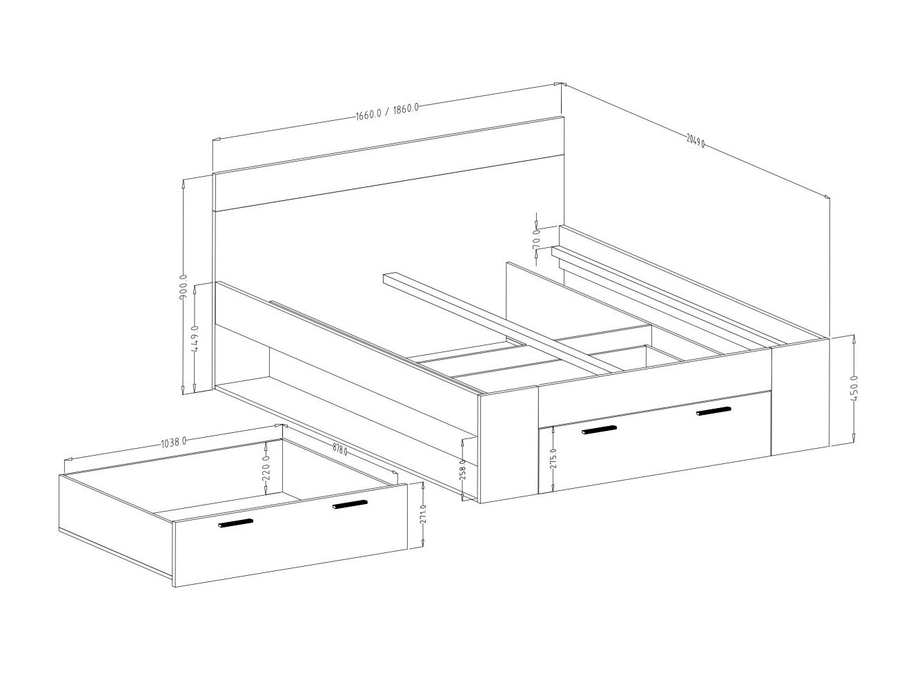 Bett Melvele 108 (Eiche + Schwarz)