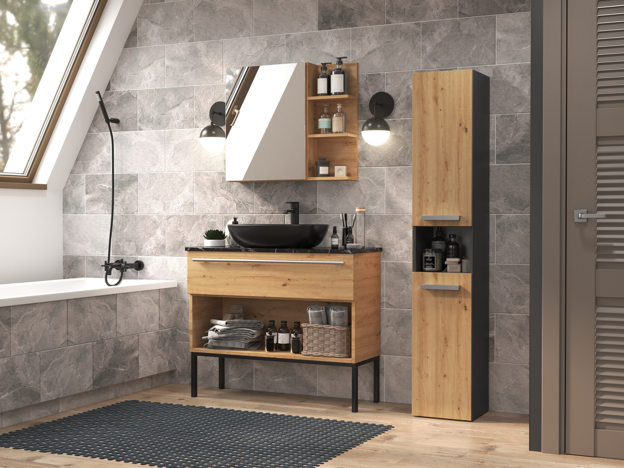 Stehender Badezimmerschrank Nolmaru 106 (Anthrazit + Artisan Eichenholzoptik)