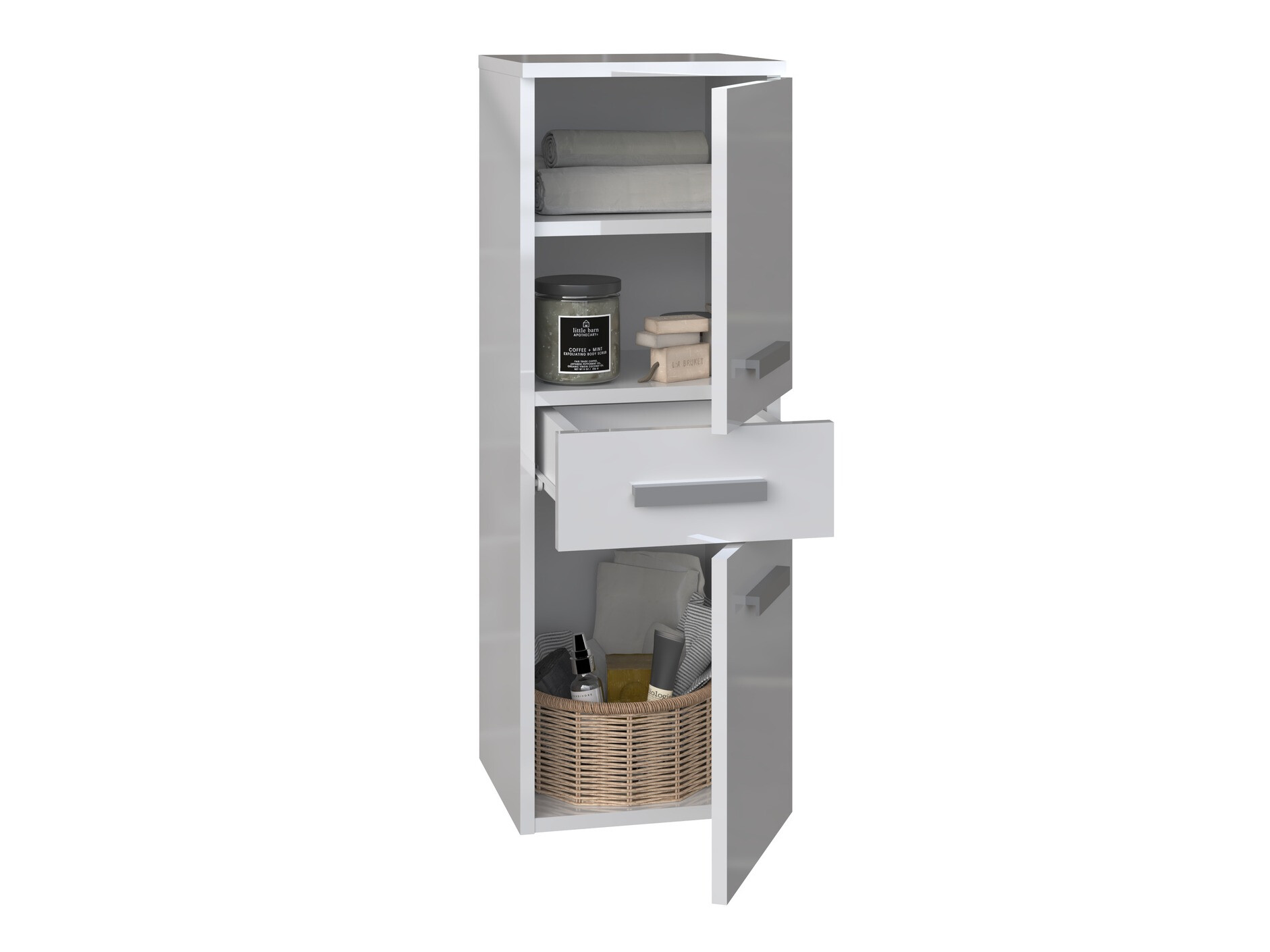 Stehender Badezimmerschrank Nolmaru 108 (Weiss + Weiss glänzend)