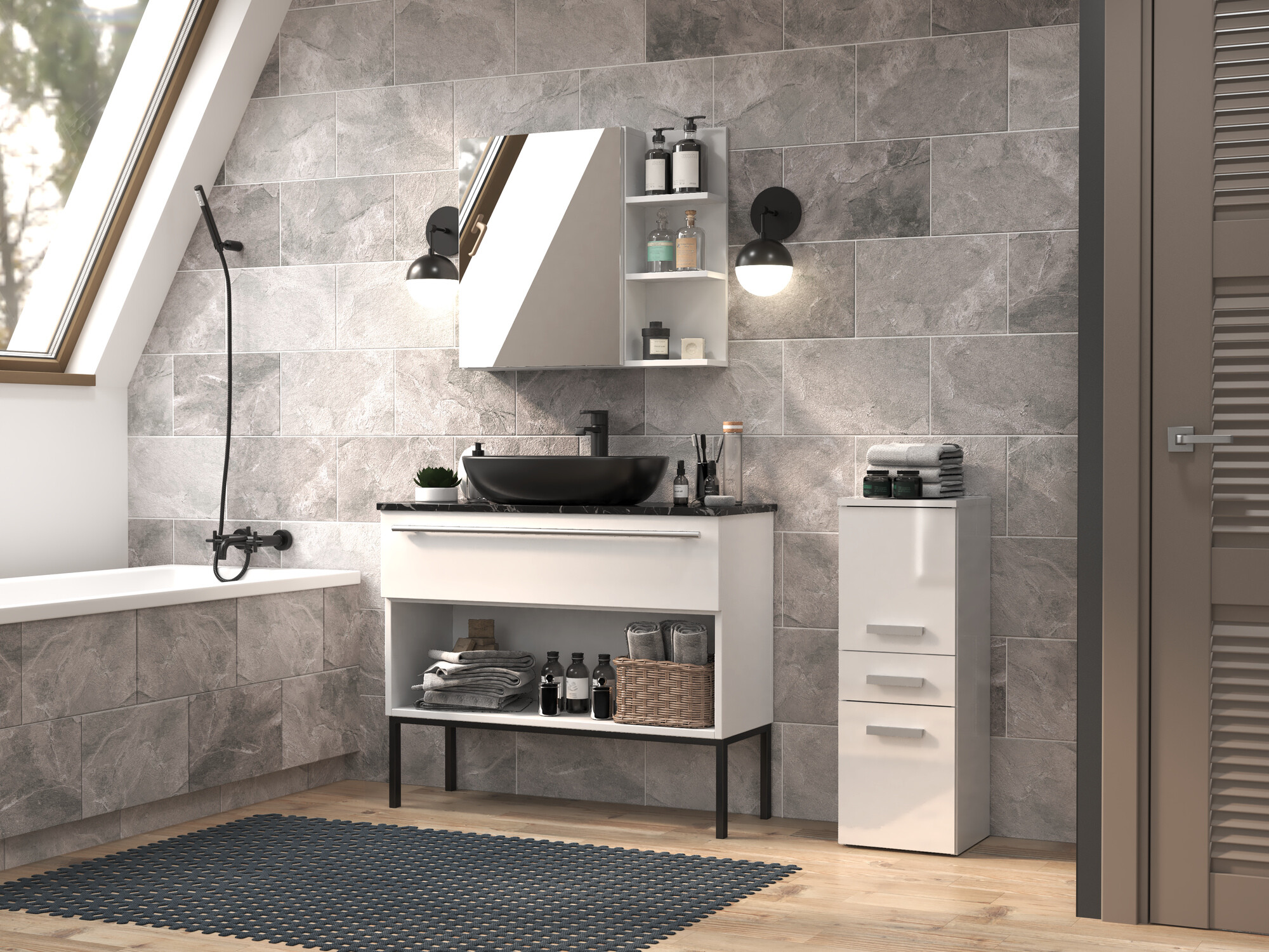 Stehender Badezimmerschrank Nolmaru 108 (Weiss + Weiss glänzend)