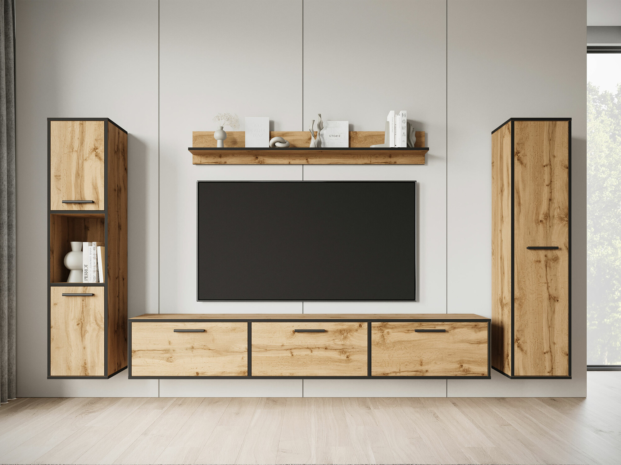 Wohnzimmer-Set Sarasota 175 (Schwarz + Wotan-Eiche)