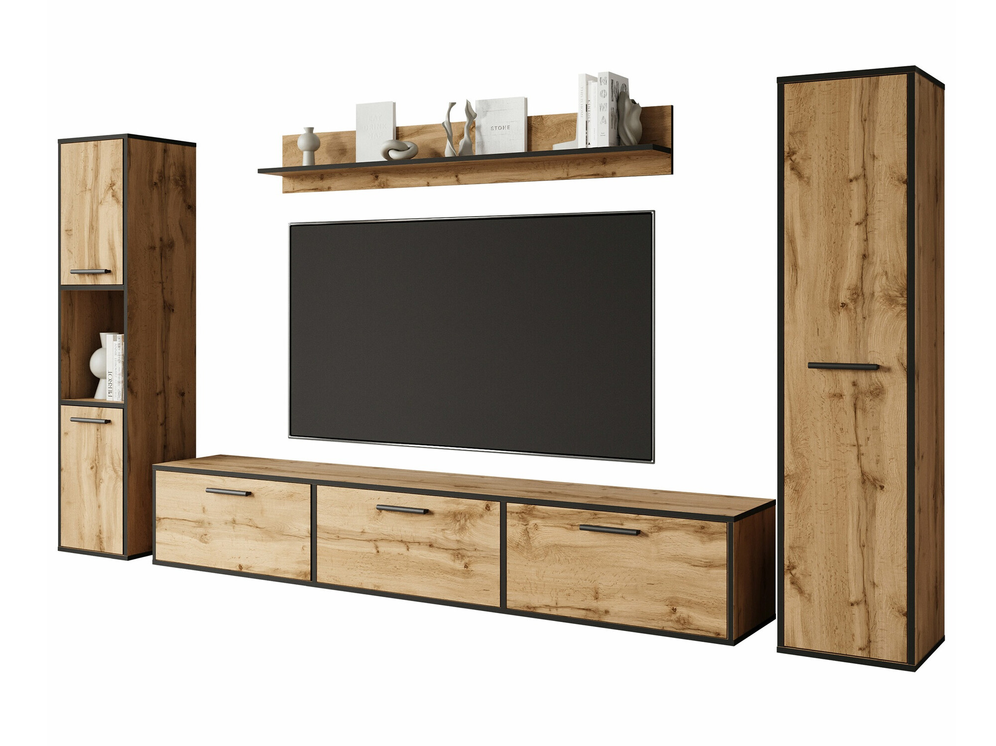 Wohnzimmer-Set Sarasota 175 (Schwarz + Wotan-Eiche)