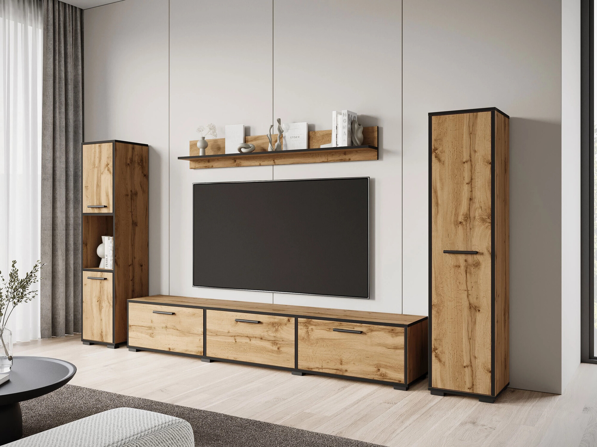 Wohnzimmer-Set Sarasota 175 (Schwarz + Wotan-Eiche)