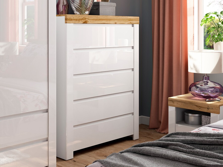 Kommode Sonsoru 114 (Weiss + Weiss glänzend + Wotan Eiche)