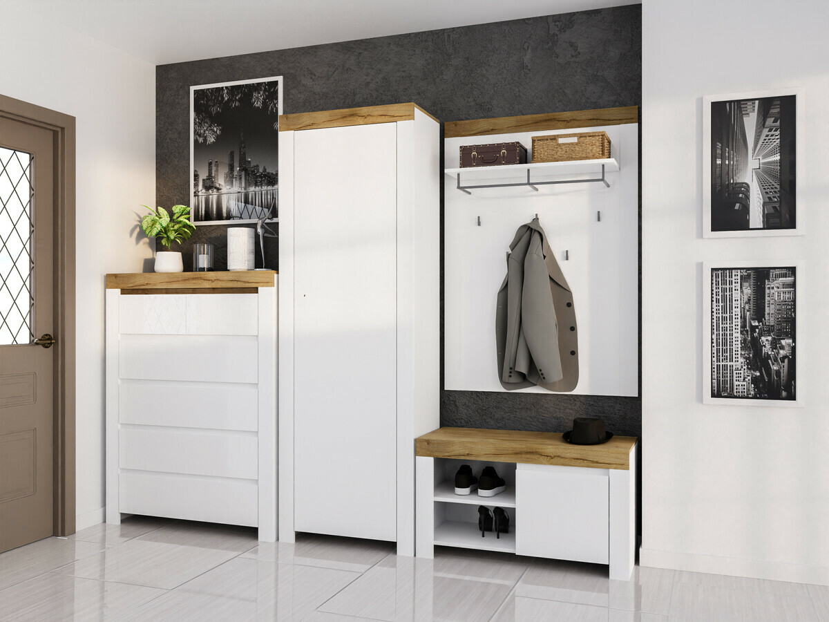 Kommode Sonsoru 114 (Weiss + Weiss glänzend + Wotan Eiche)