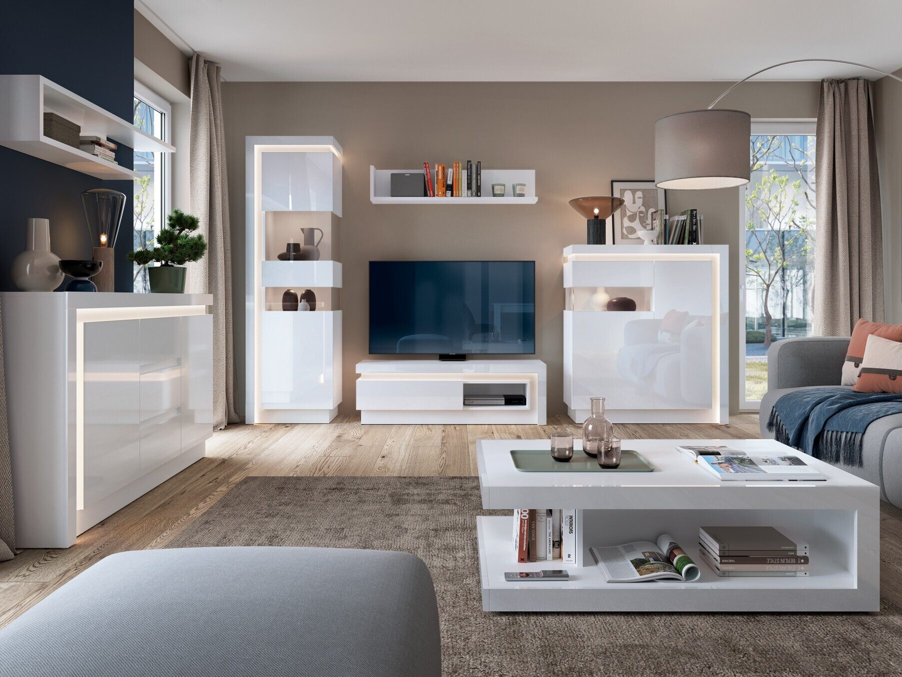 TV-Möbel Feldeli 102 (Weiss + Weiss glänzend)