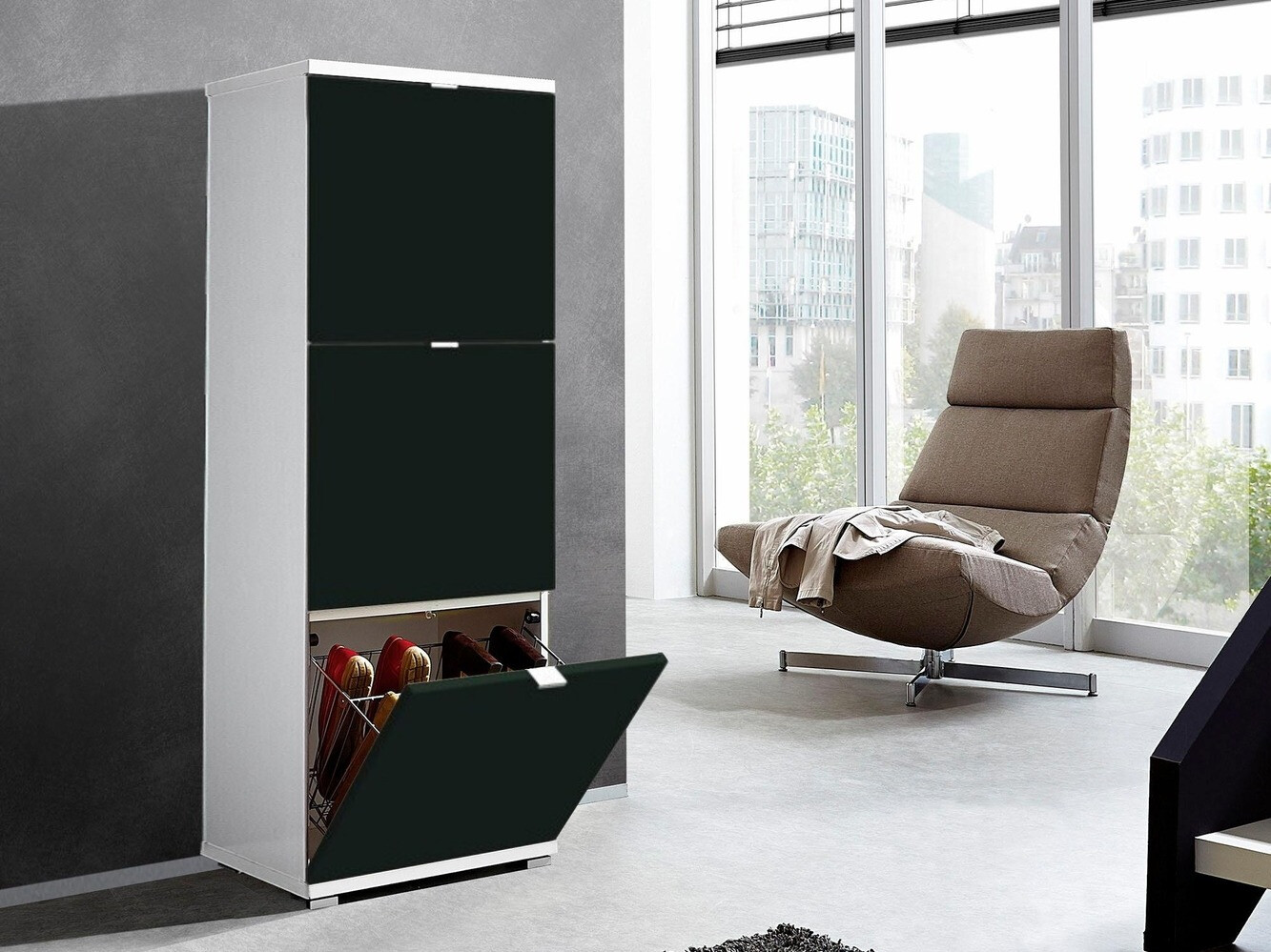 Schuhschrank Veltena 106 (Weiss glänzend + Schwarz)