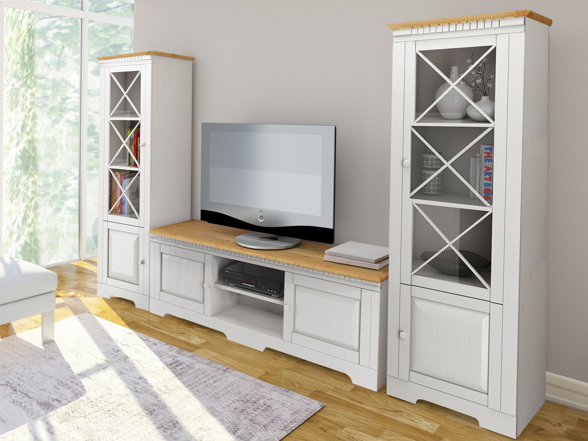 Wohnzimmer-Sets Cavfelo 112 (Weiss + Eichenholzoptik Honig)
