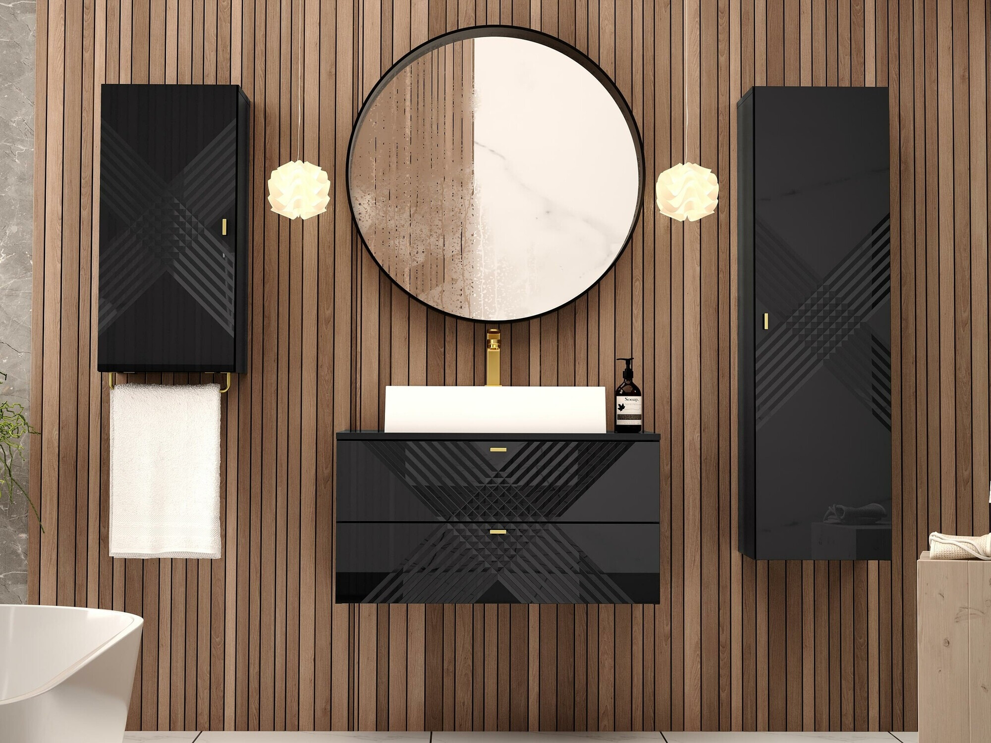 Wandhängeschrank für Badezimmer Natar (Schwarz + Schwarz glänzend)