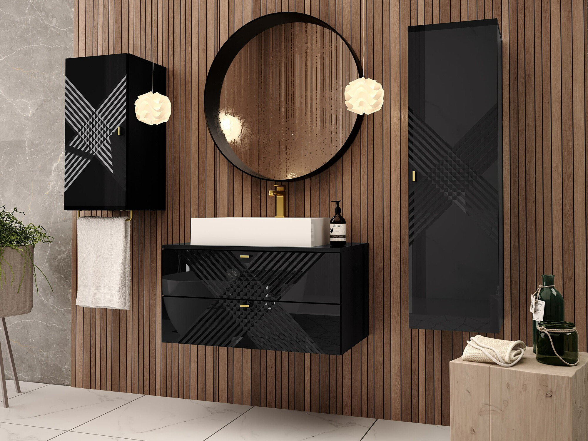 Wandhängeschrank für Badezimmer Natar (Schwarz + Schwarz glänzend)