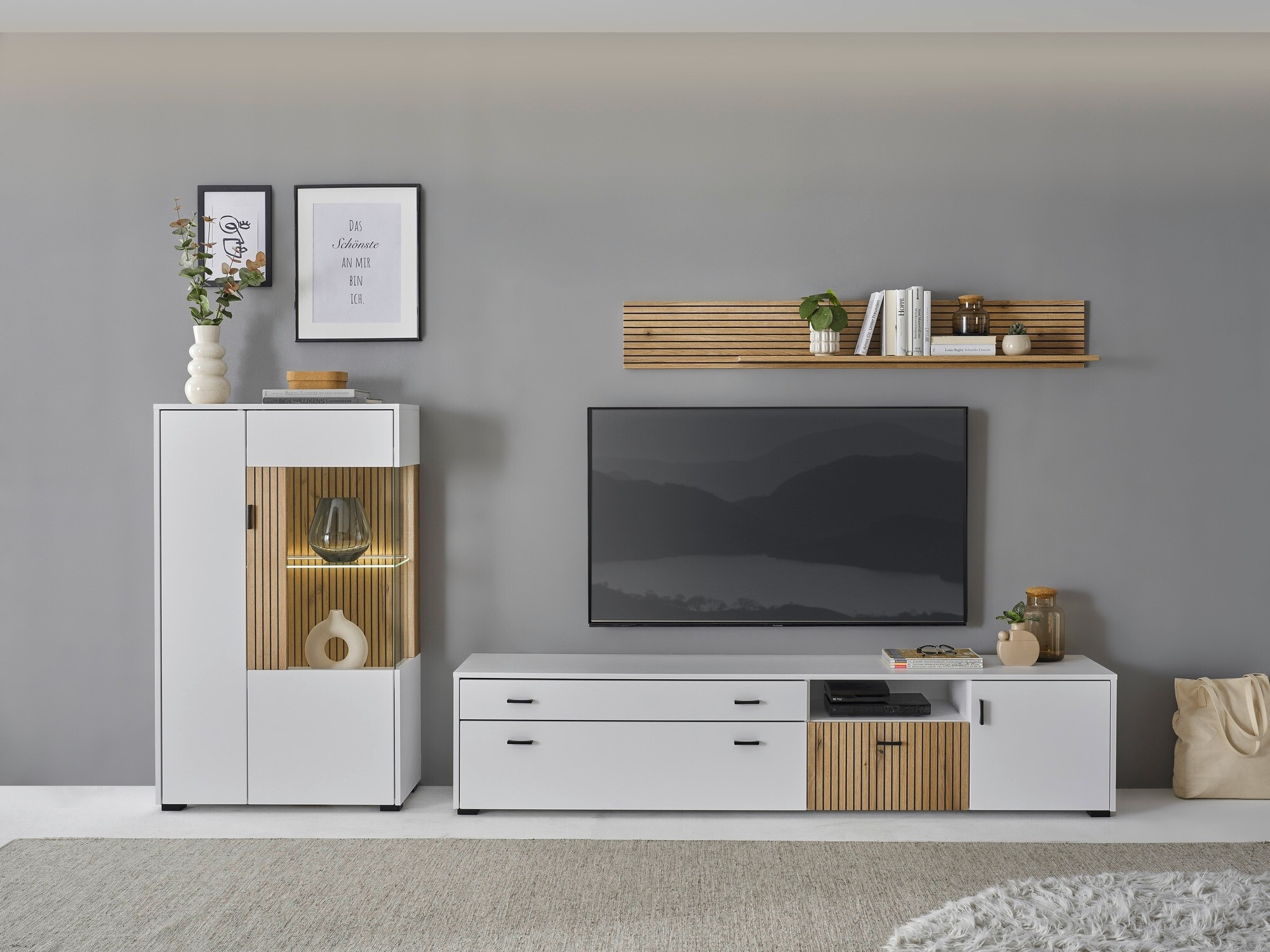 Wohnzimmer-Set Belmelu 119 (Weiss + Eichenholzoptik)