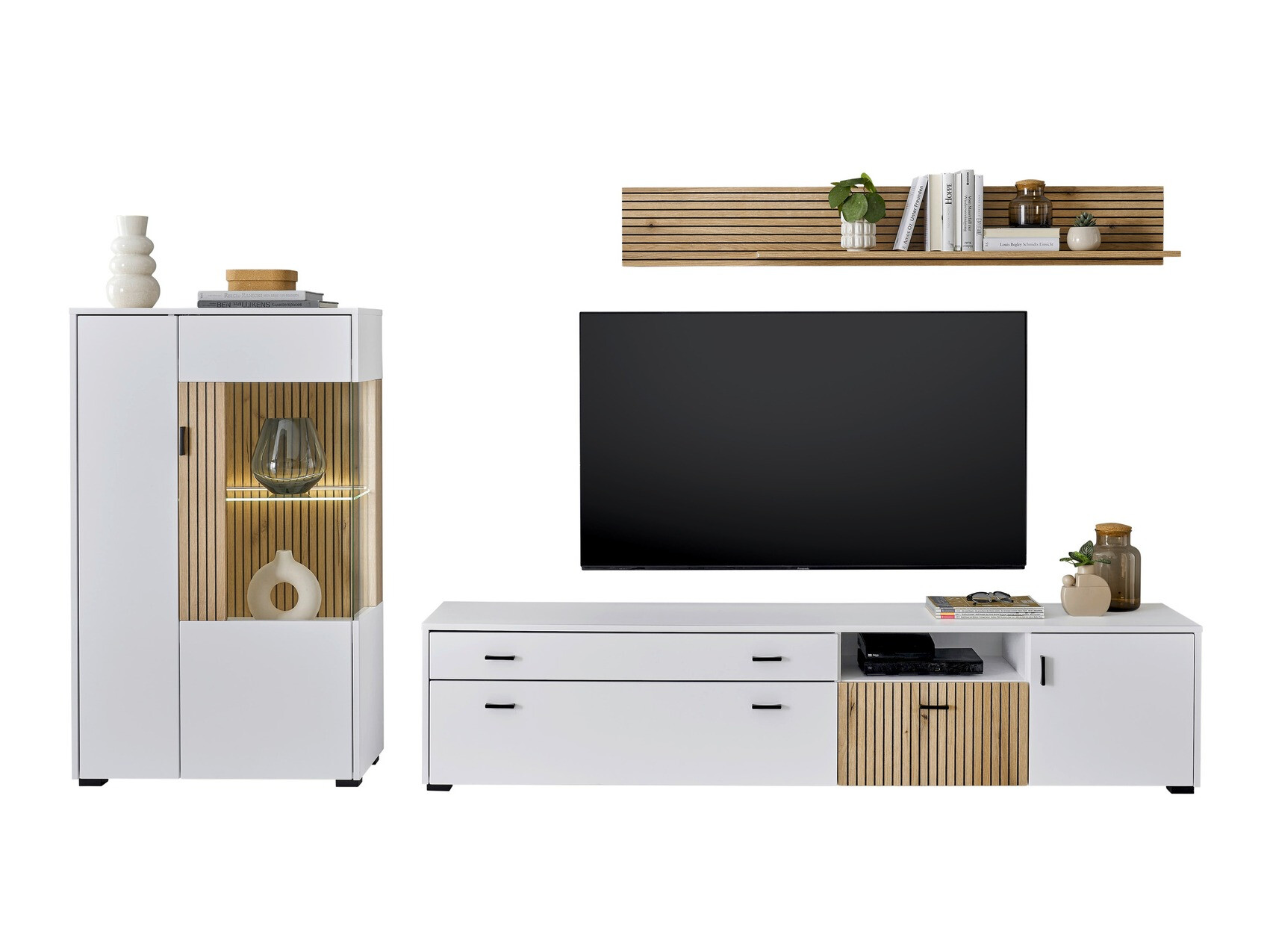 Wohnzimmer-Set Belmelu 119 (Weiss + Eichenholzoptik)