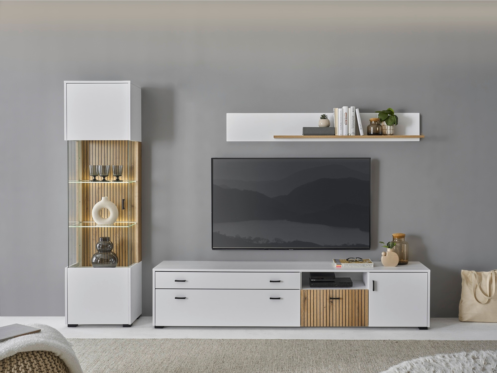 Wohnzimmer-Set Belmelu 121 (Weiss + Eiche)