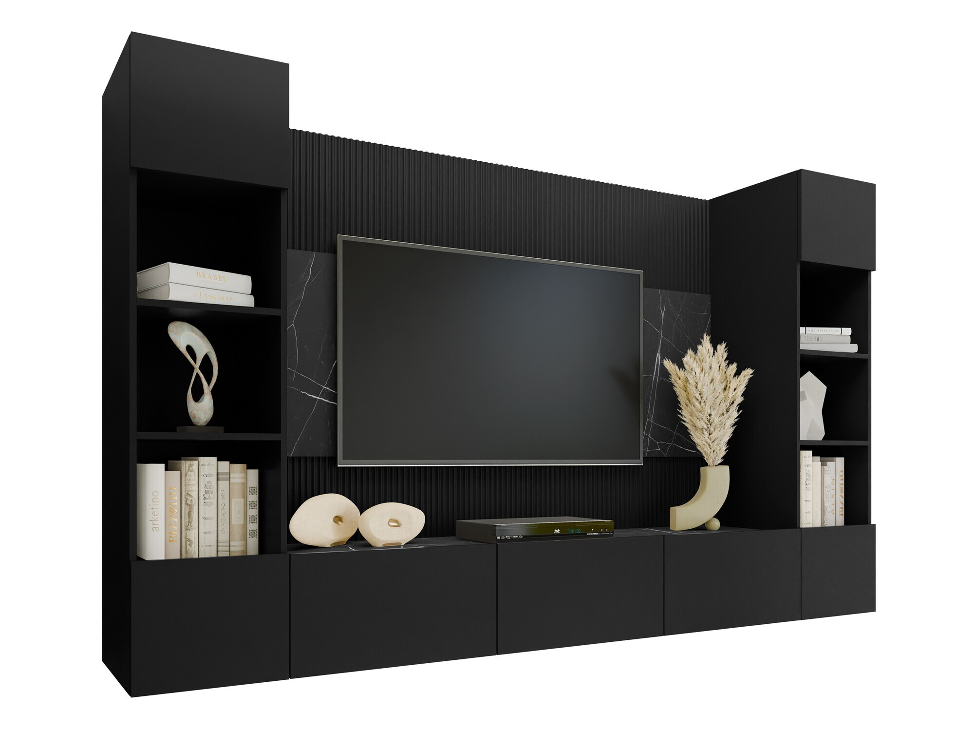 Wohnzimmer-Set Comfivo Salix I (Schwarz + Schwarzer Marmor)