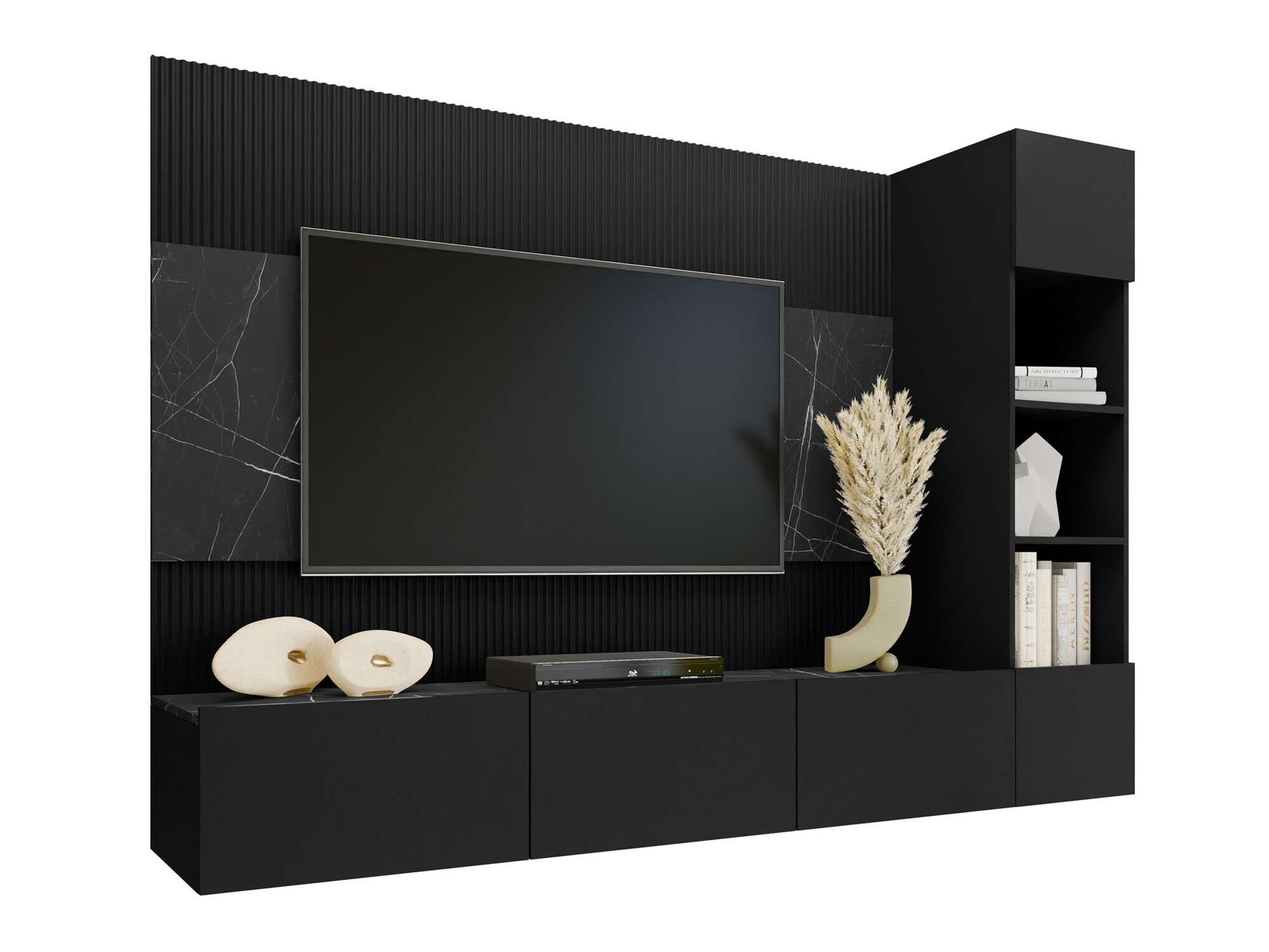 Wohnzimmer-Set Comfivo Salix II (Schwarz + Schwarzer Marmor)