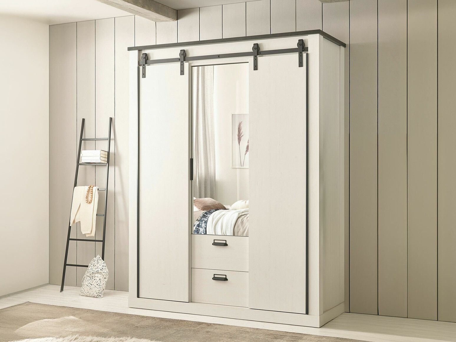 Kleiderschrank Cirtale 107 (Anthrazit + Kiefernholzoptik gebleicht)