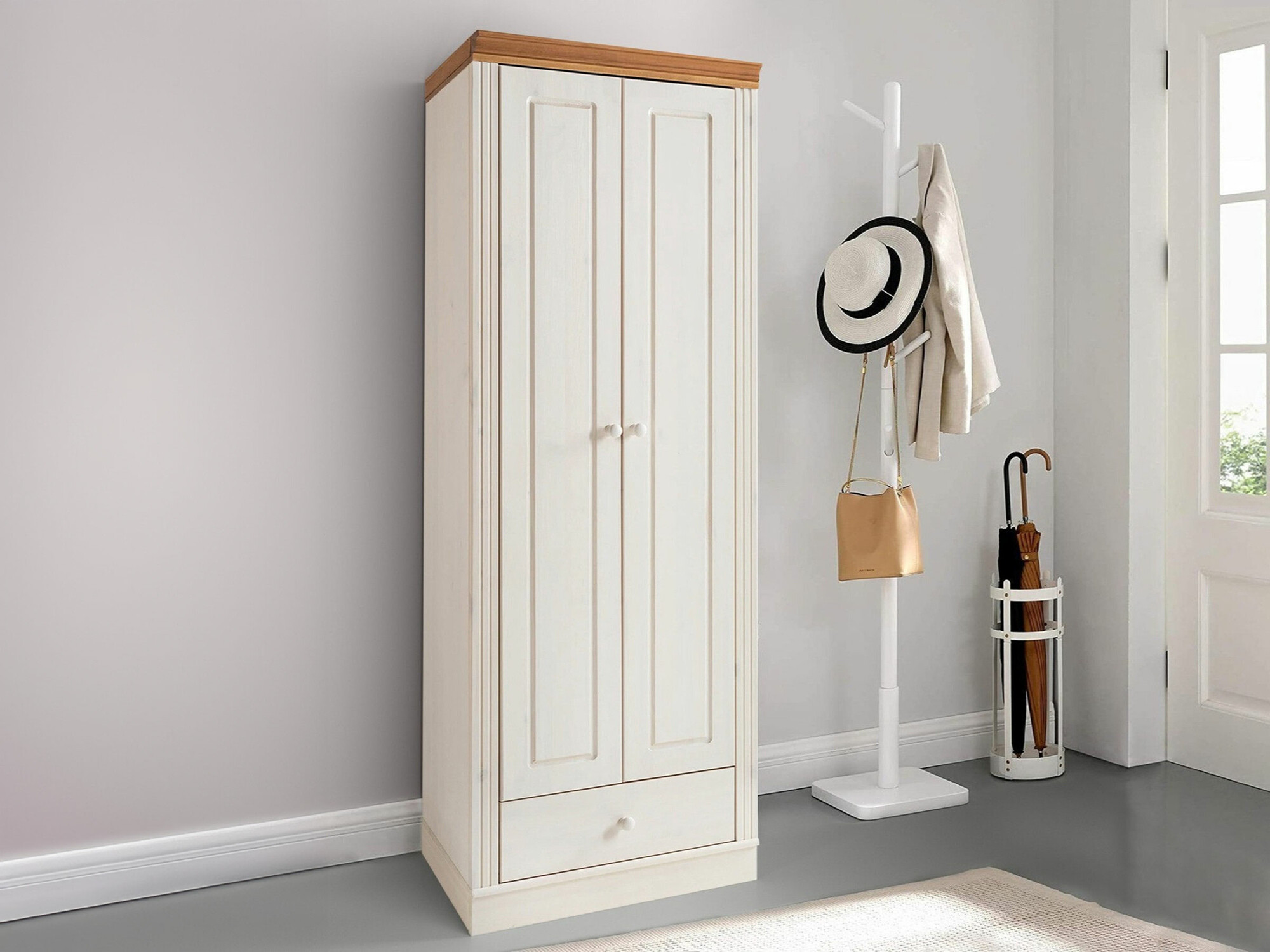 Kleiderschrank Saltoro 137 (Weiss + Eichenholzoptik Honig)