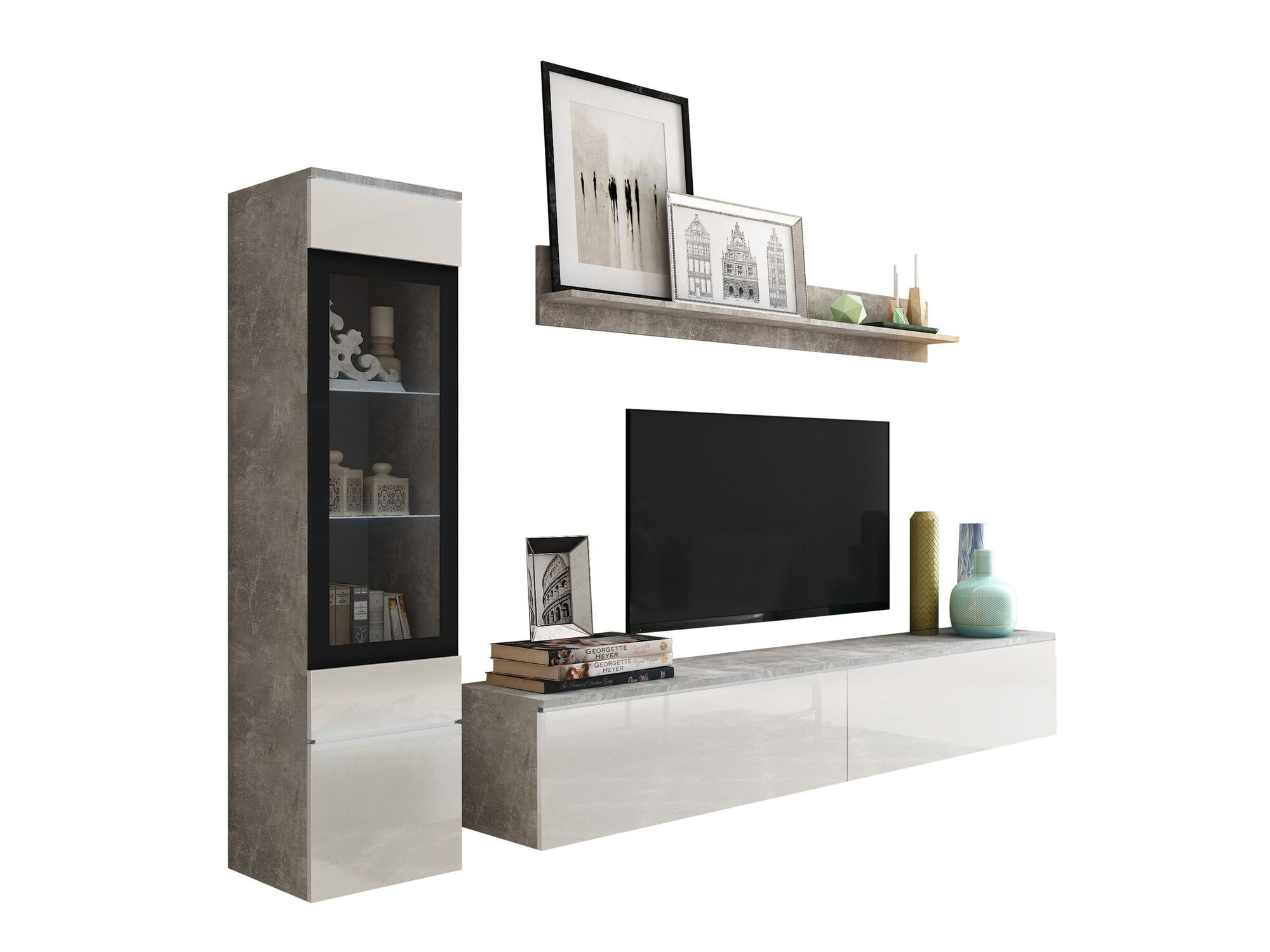 Wohnzimmer-Set Mirfivo 100 (Beton + Weiss glänzend)