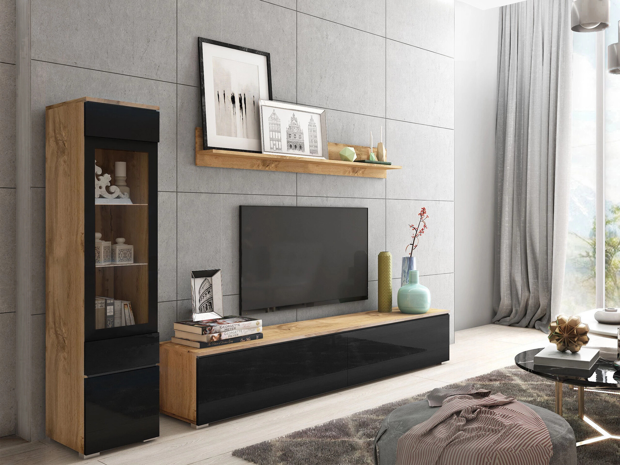 Wohnzimmer-Set Mirfivo 100 (Wotan-Eiche + Schwarz glänzend)