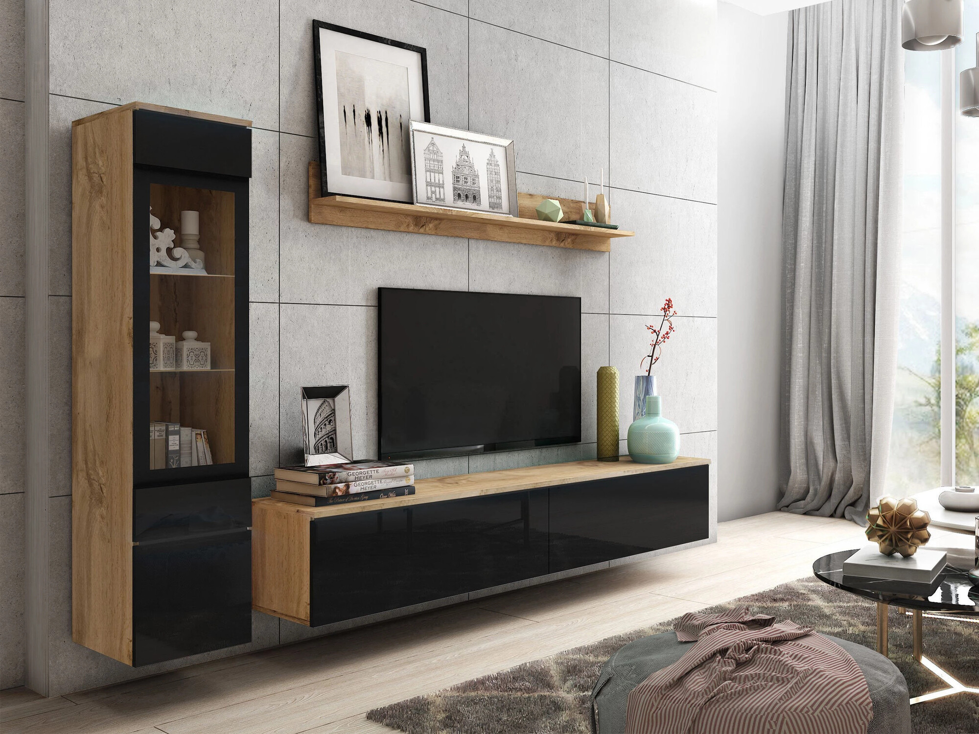 Wohnzimmer-Set Mirfivo 100 (Wotan-Eiche + Schwarz glänzend)