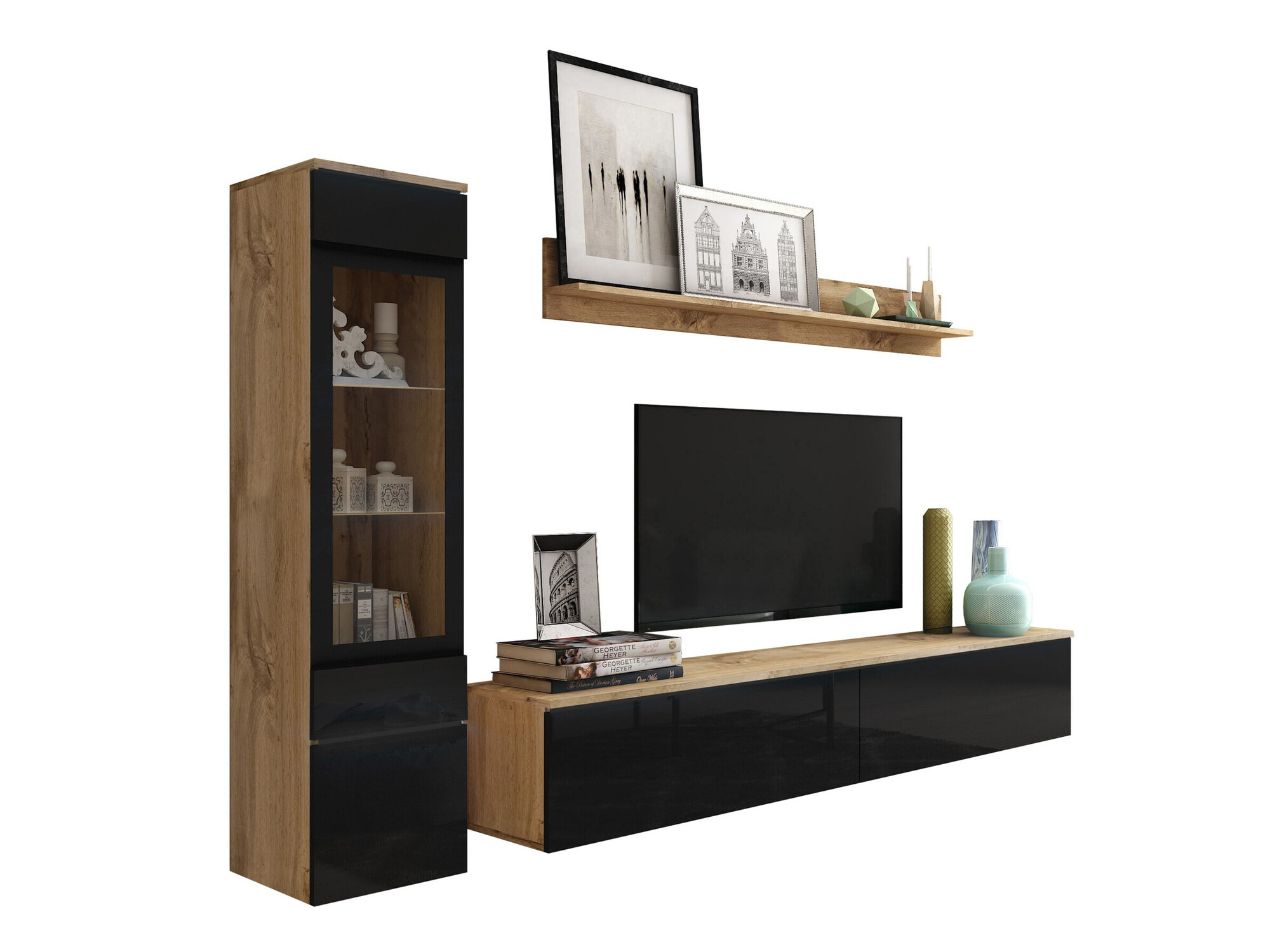 Wohnzimmer-Set Mirfivo 100 (Wotan-Eiche + Schwarz glänzend)