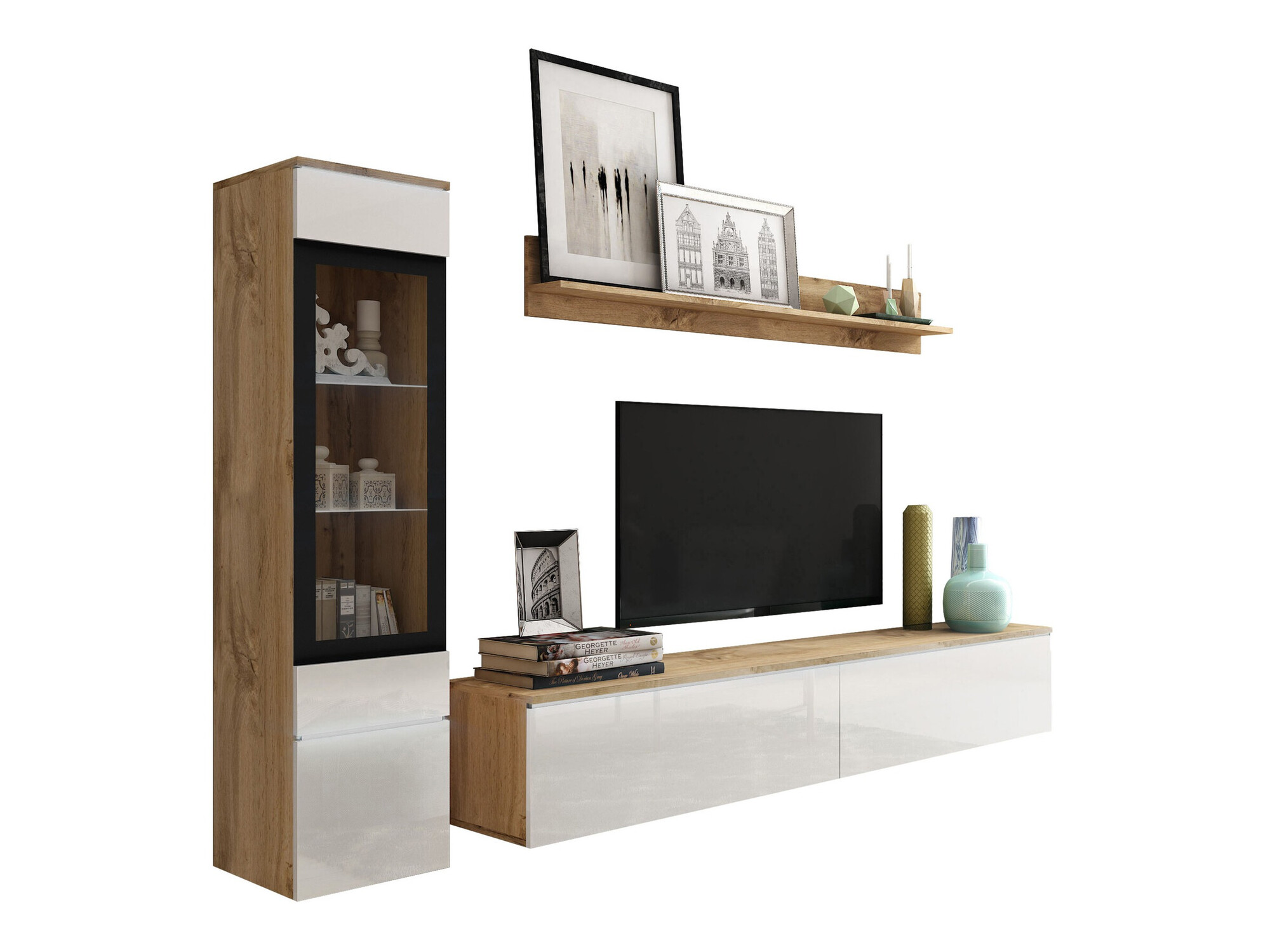 Wohnzimmer-Set Mirfivo 100 (Wotan-Eiche + Weiss glänzend)