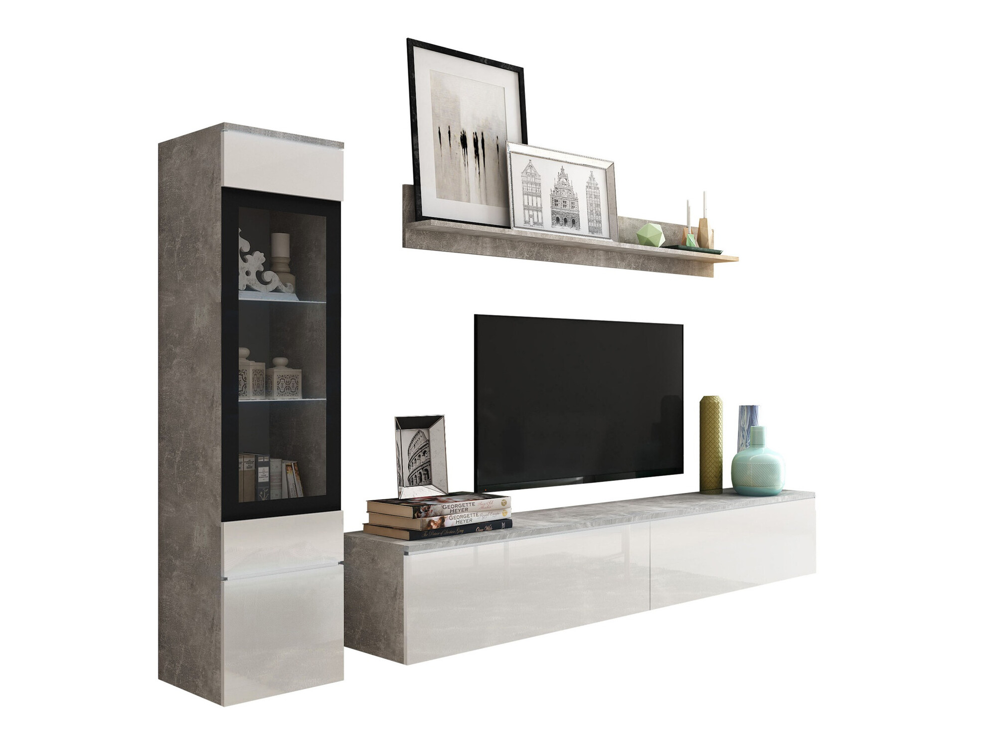 Wohnzimmer-Sets Mirfivo 100 (Beton + Weiss glänzend)