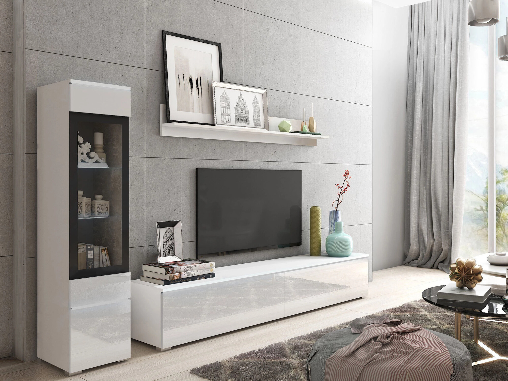 Wohnzimmer-Sets Mirfivo 100 (Weiss + Weiss glänzend)