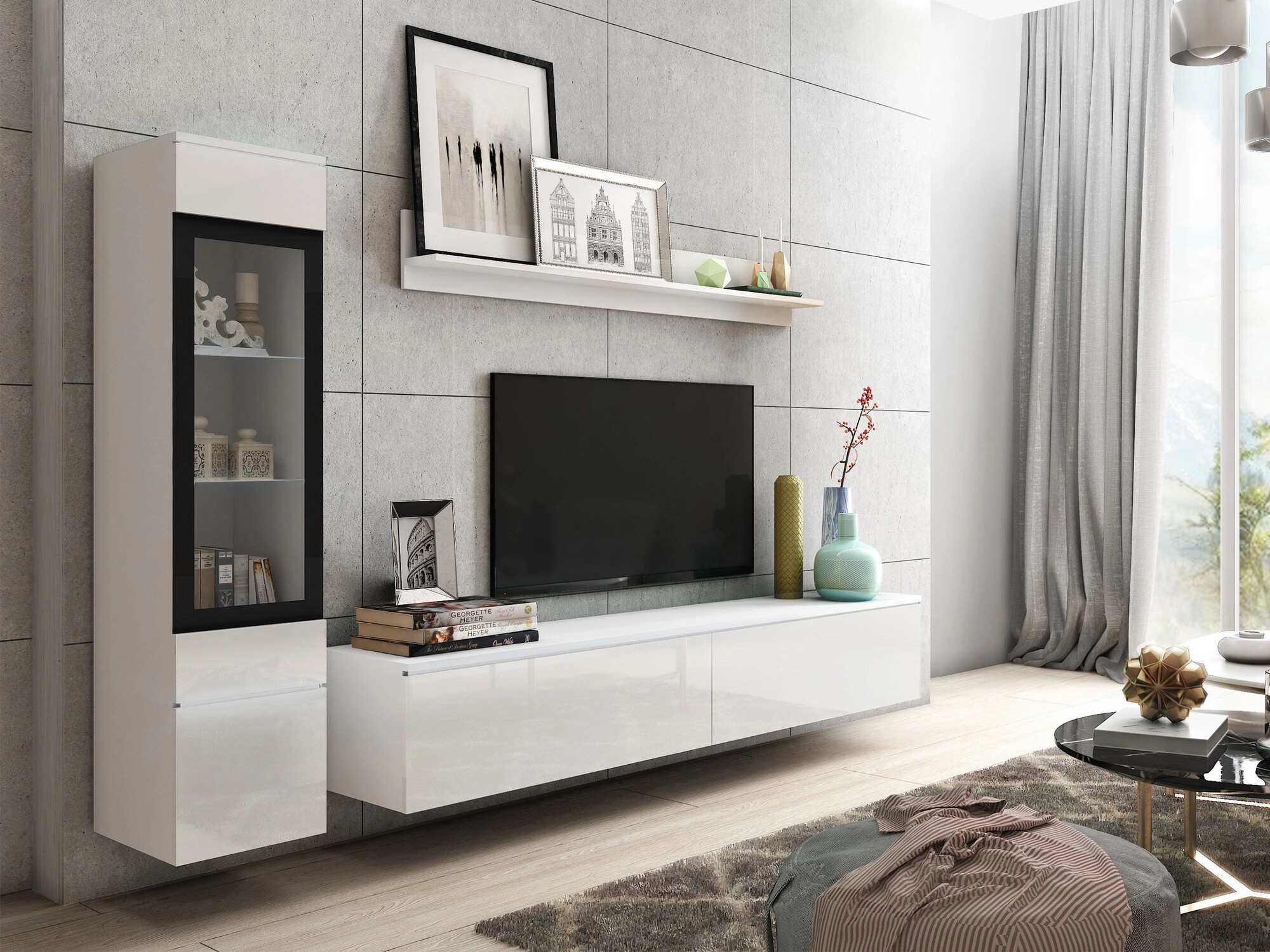 Wohnzimmer-Sets Mirfivo 100 (Weiss + Weiss glänzend)