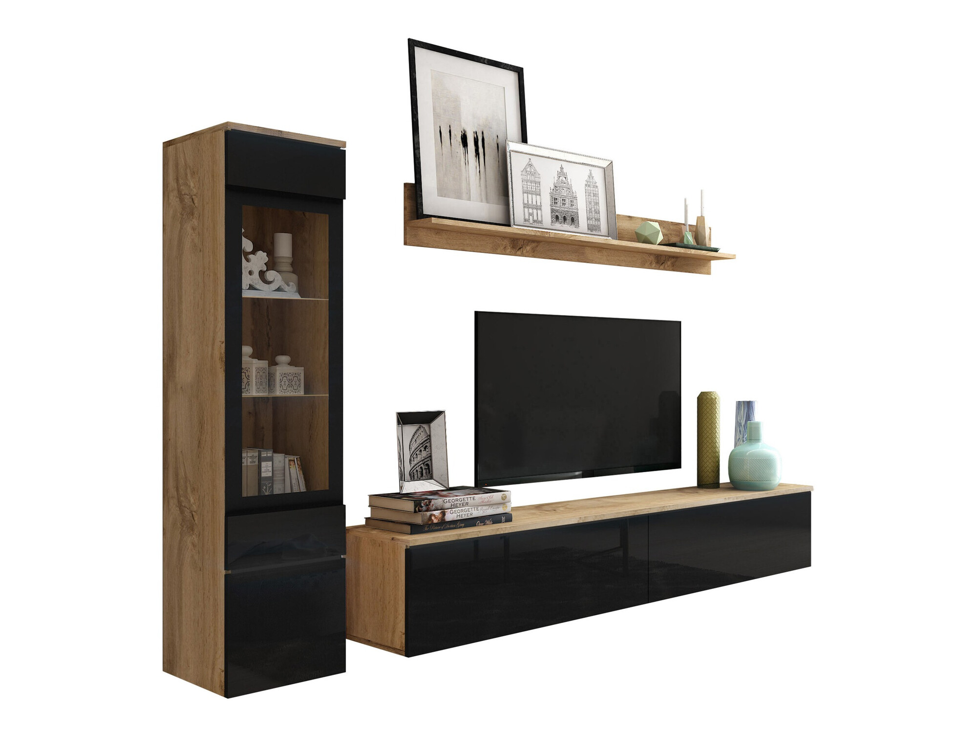 Wohnzimmer-Sets Mirfivo 100 (Wotan Eiche + Schwarz glänzend)