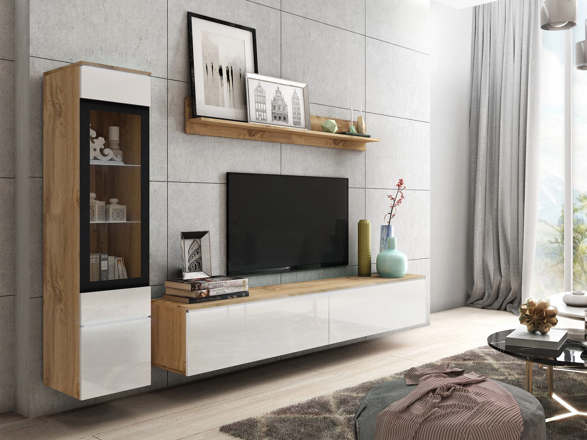 Wohnzimmer-Sets Mirfivo 100 (Wotan Eiche + Weiss glänzend)