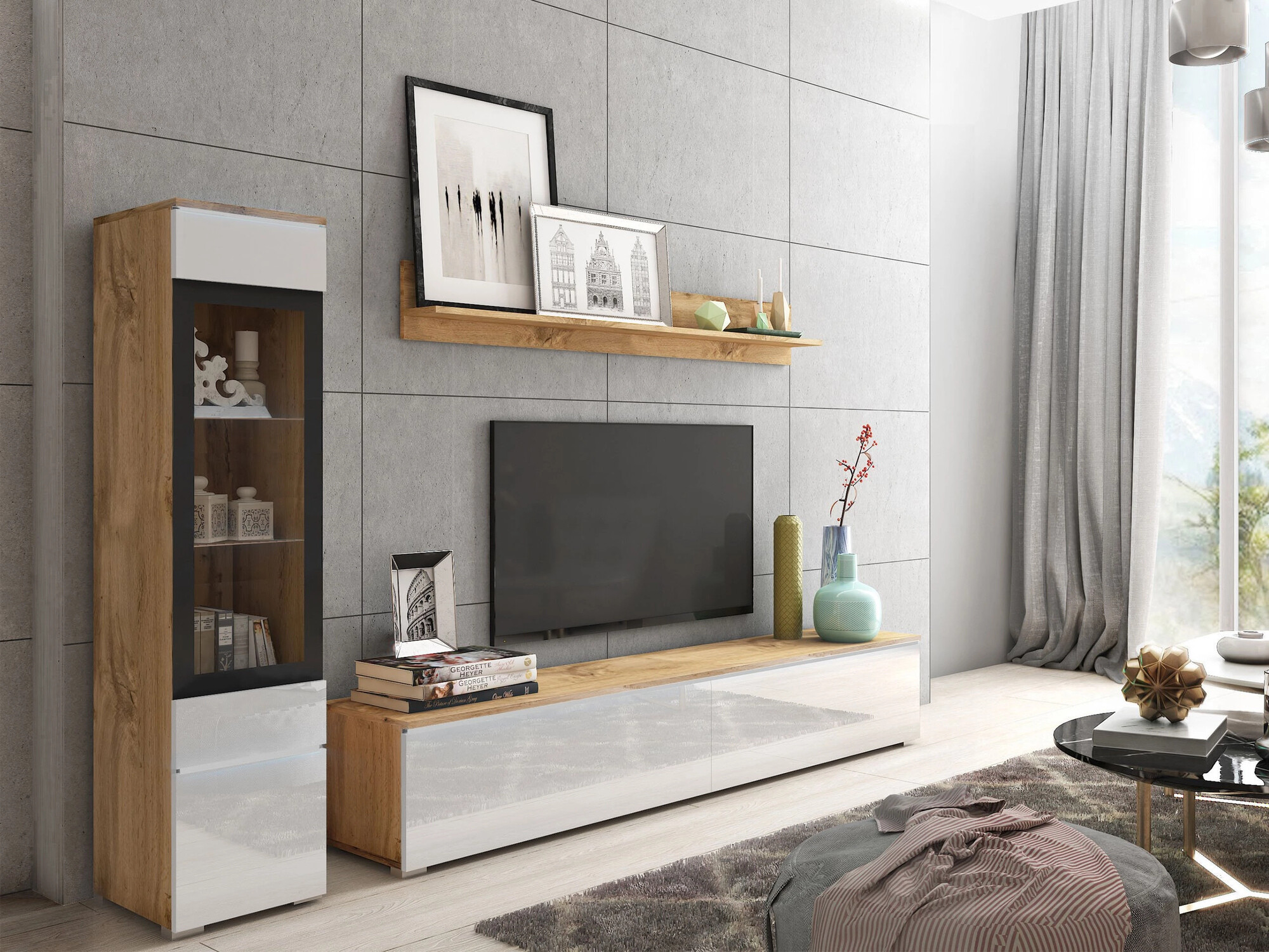 Wohnzimmer-Sets Mirfivo 100 (Wotan Eiche + Weiss glänzend)