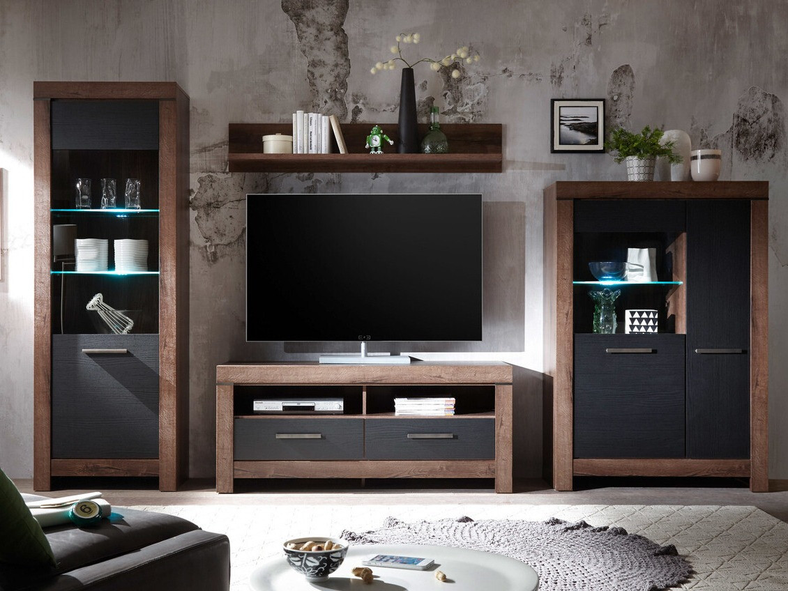 Wohnzimmer-Set Dunfelu 105 (Monastery Eichenholzoptik + eichenholzoptik schwarz)