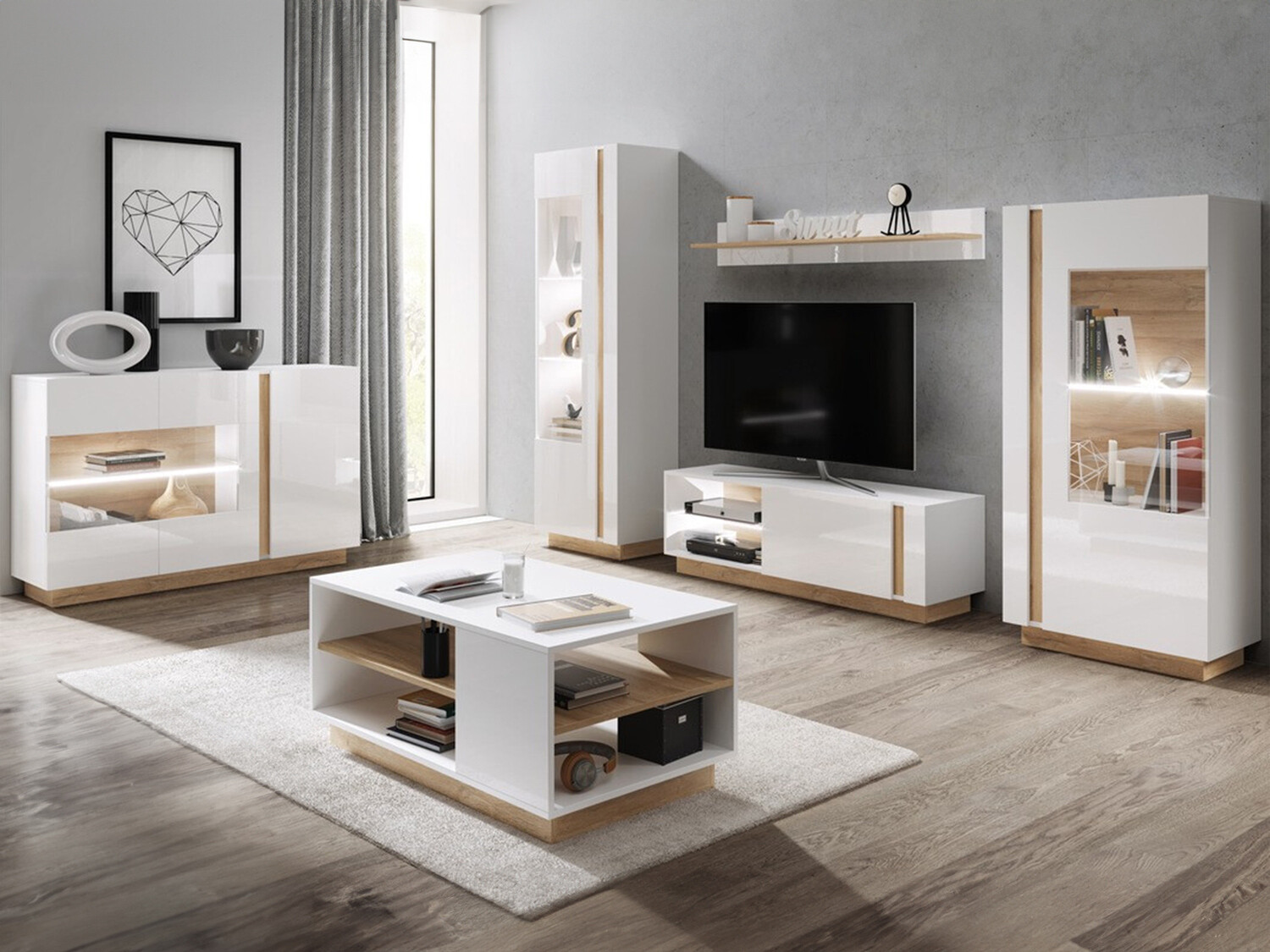 Wohnzimmer-Set Novbela 113 (Weiss + Weiss glänzend + Grandson-Eiche)