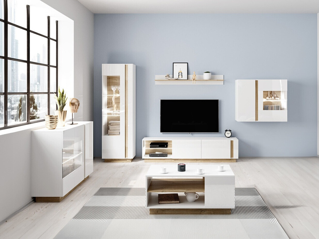 Wohnzimmer-Set Novbela 114 (Weiss + Weiss glänzend + Grandson-Eiche)